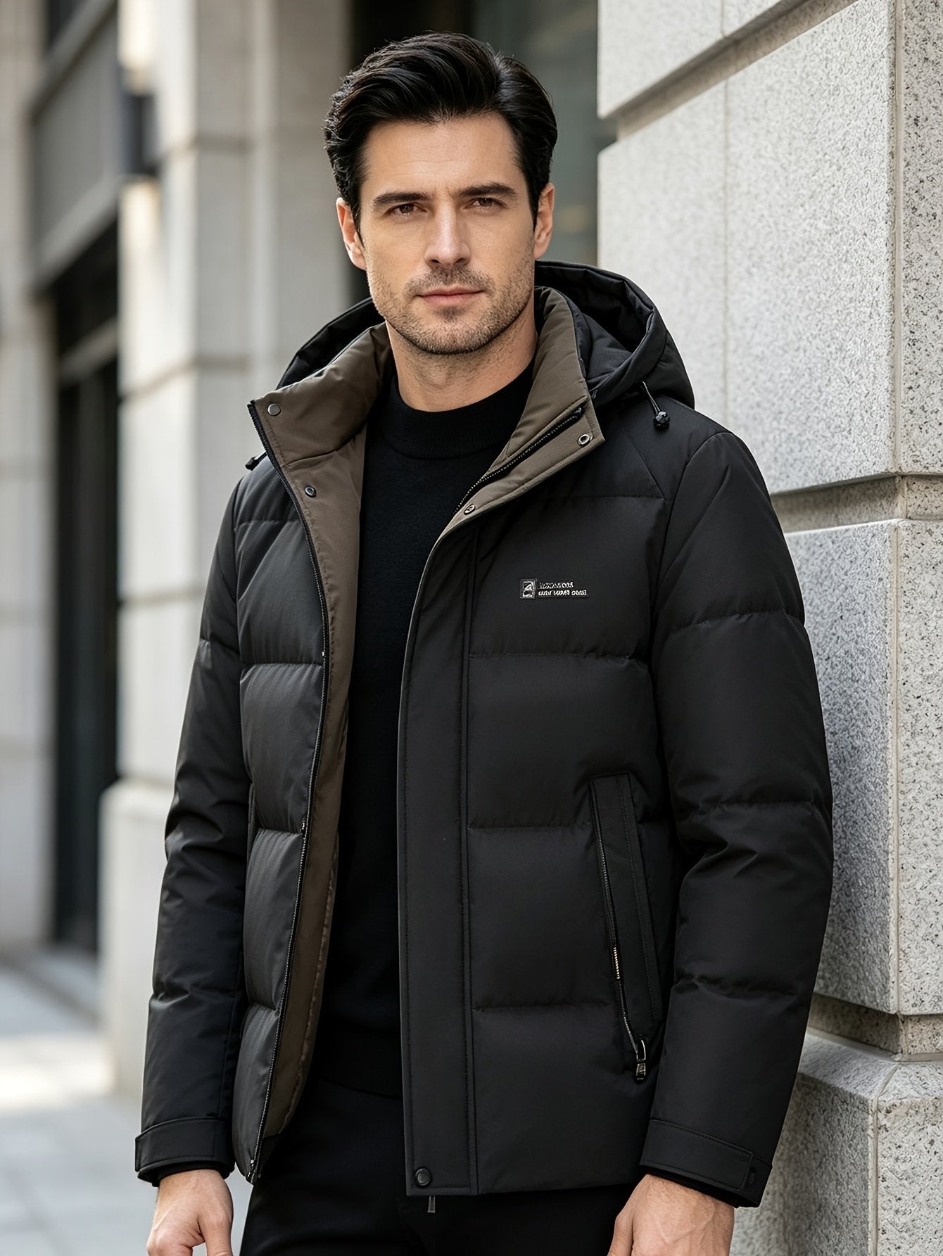 Collar and fastening detail of the men's short hooded winter jacket
