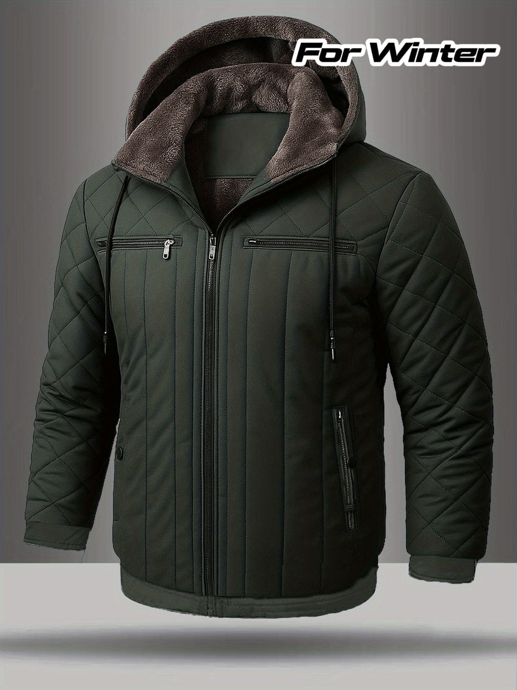 Men's warm fleece-lined hooded jacket shown from the front for winter