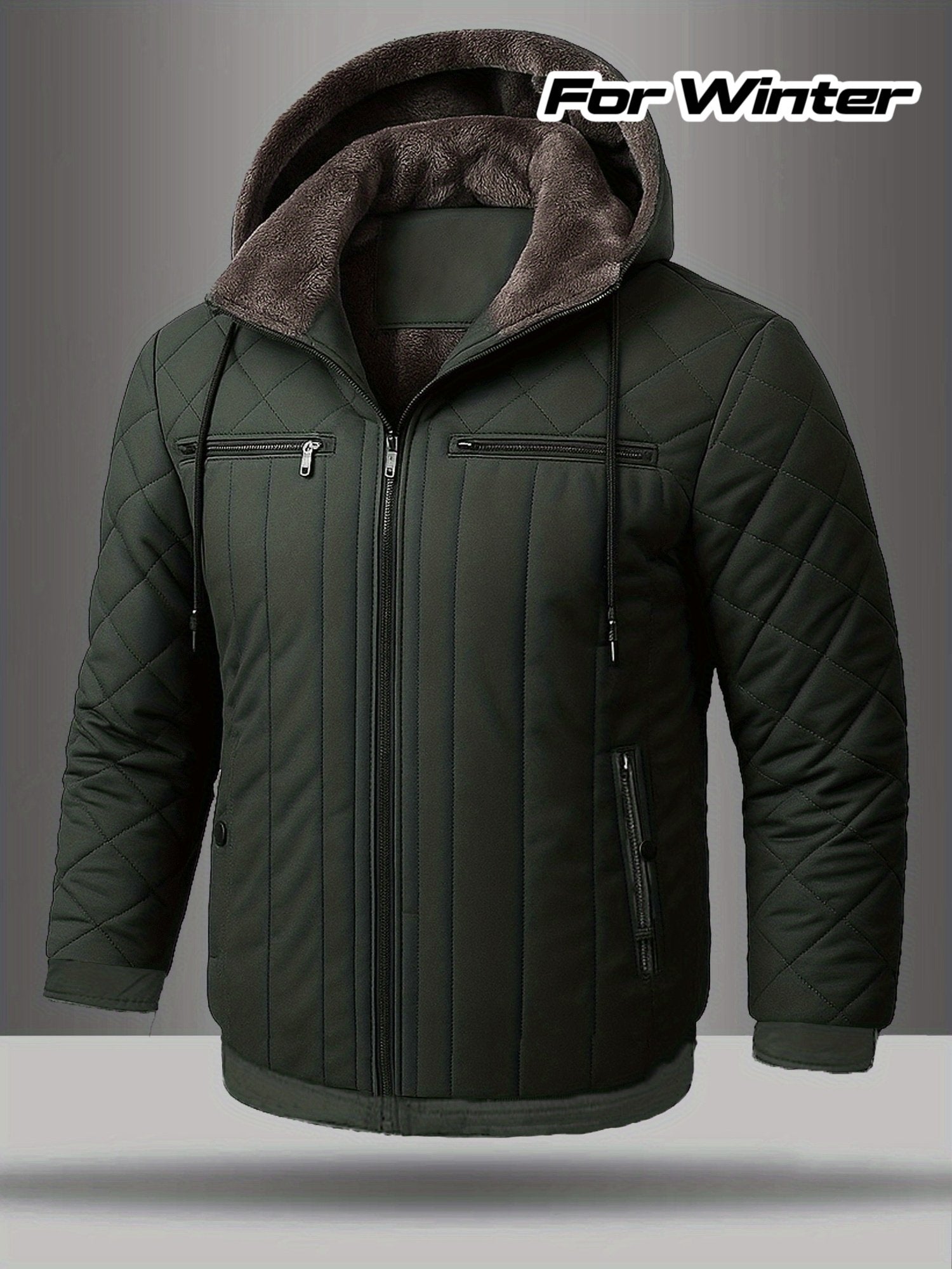 Men's warm fleece-lined hooded jacket shown from the front for winter