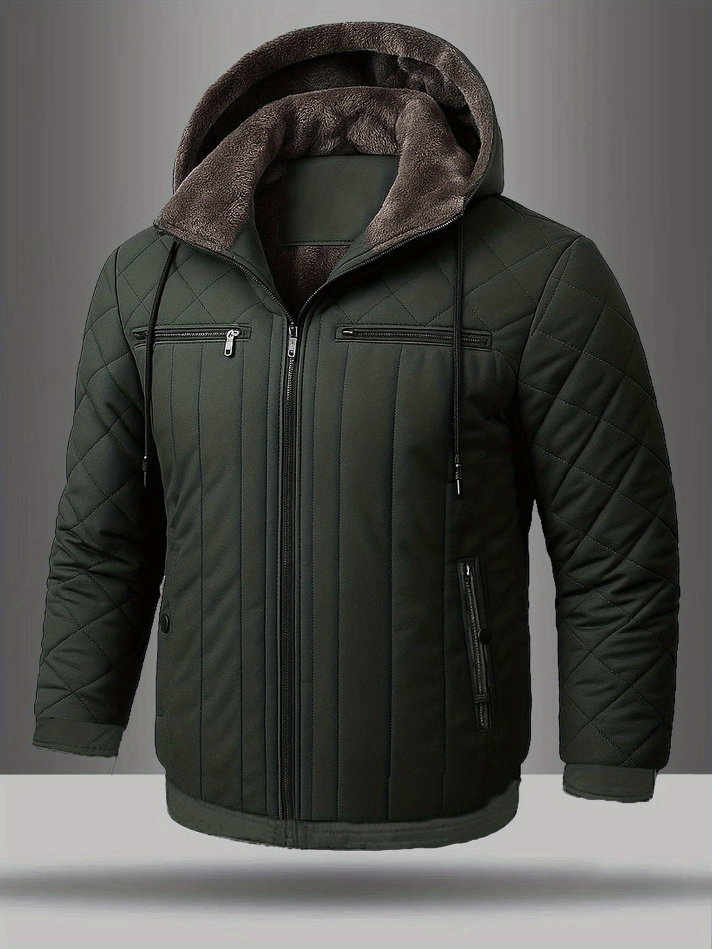 Back view of the men's warm fleece-lined hooded jacket