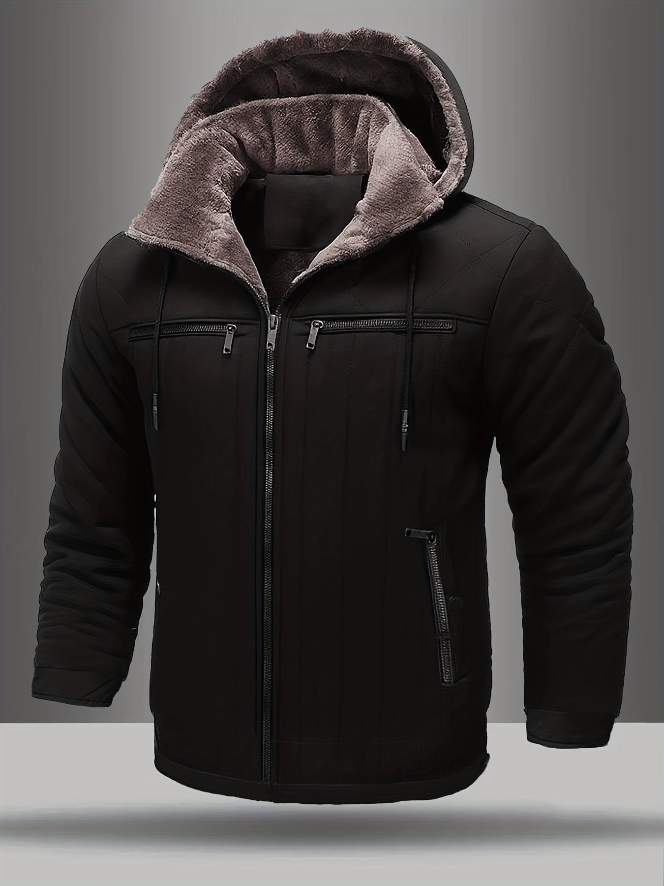 Close-up of the men's warm fleece-lined hooded jacket fabric and stitching