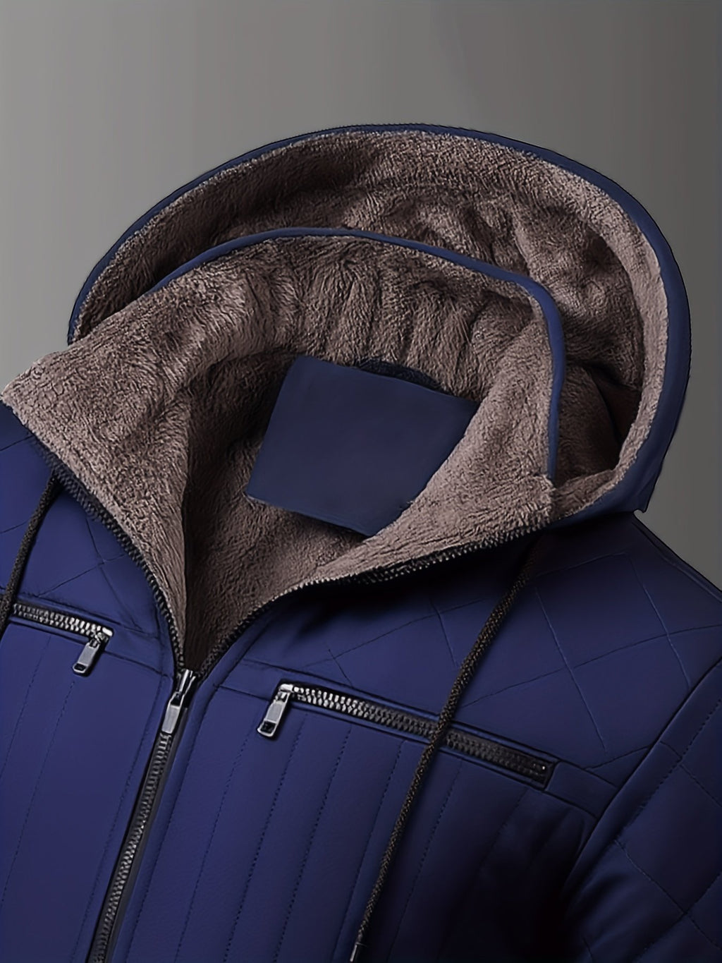Collar and fastening detail of the men's warm fleece-lined hooded jacket