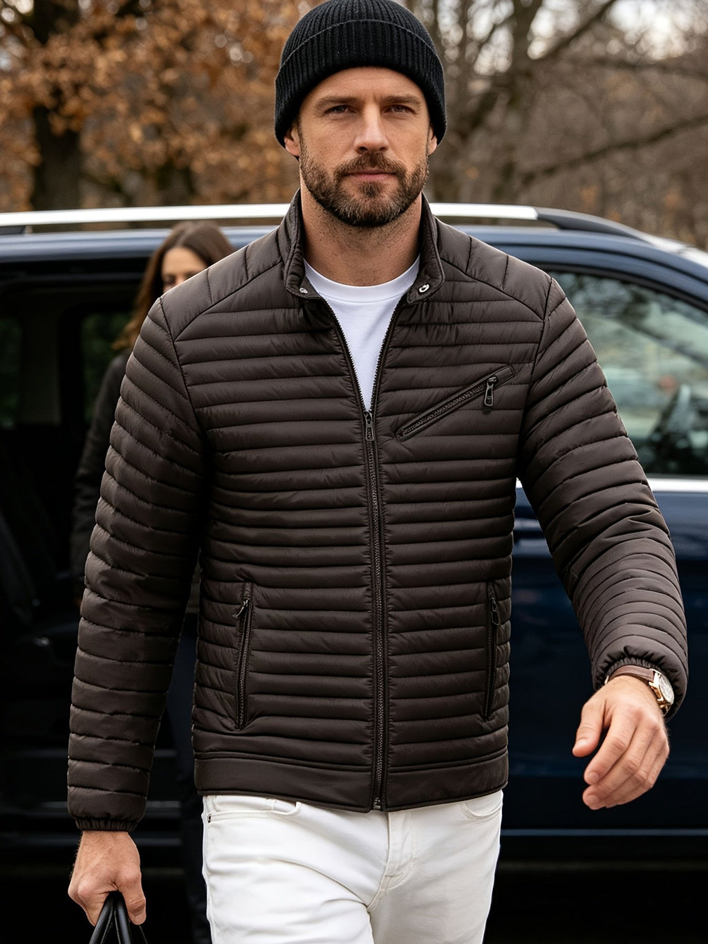 Side view of the men's padded biker jacket showing the fit