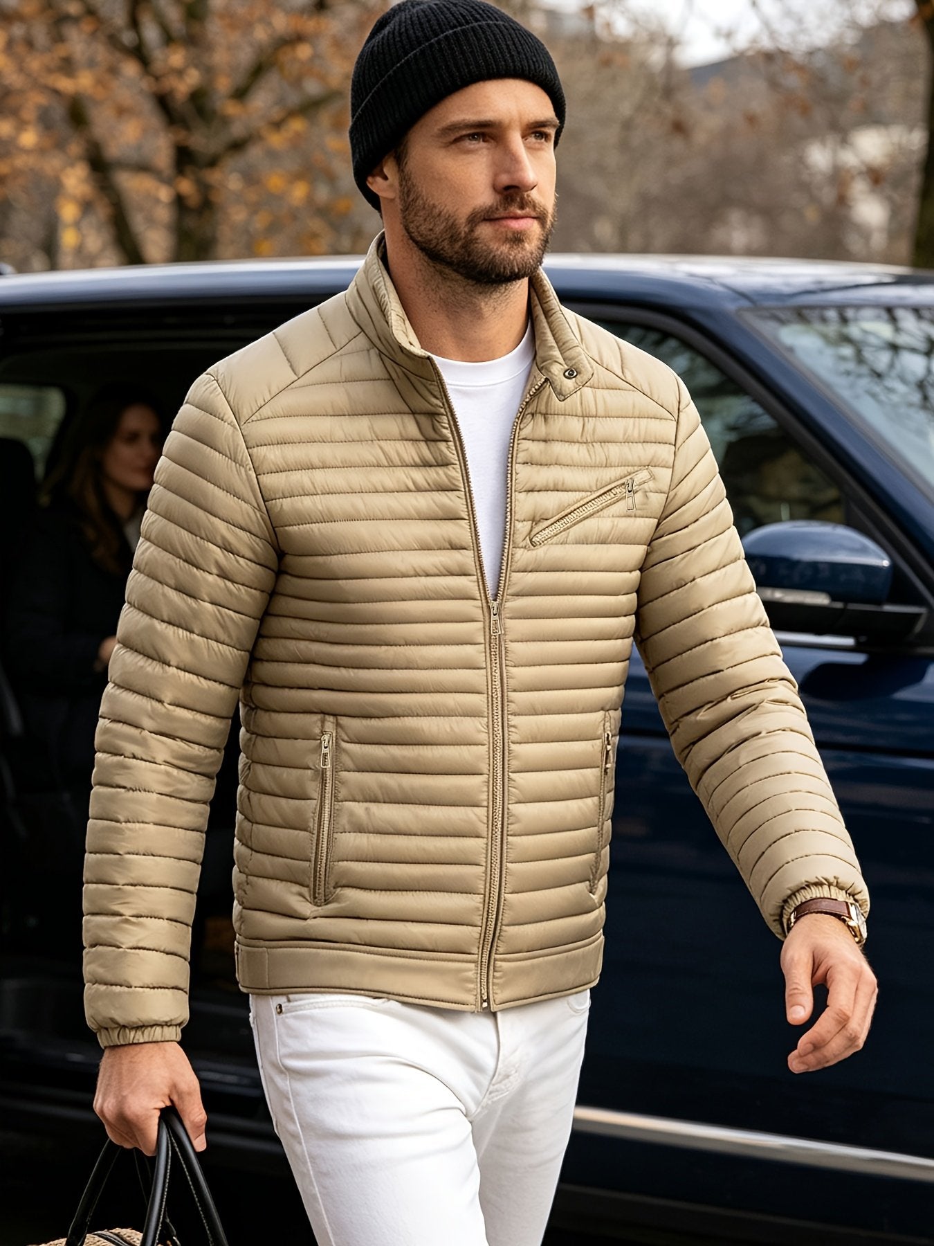 Back view of the men's padded biker jacket