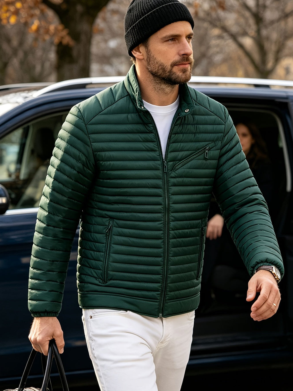 Close-up of the men's padded biker jacket fabric and stitching