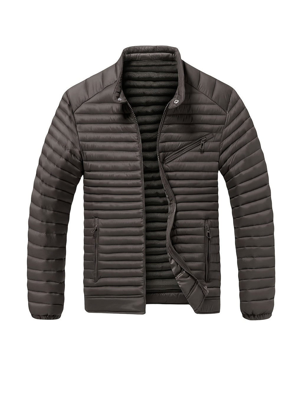 Collar and fastening detail of the men's padded biker jacket