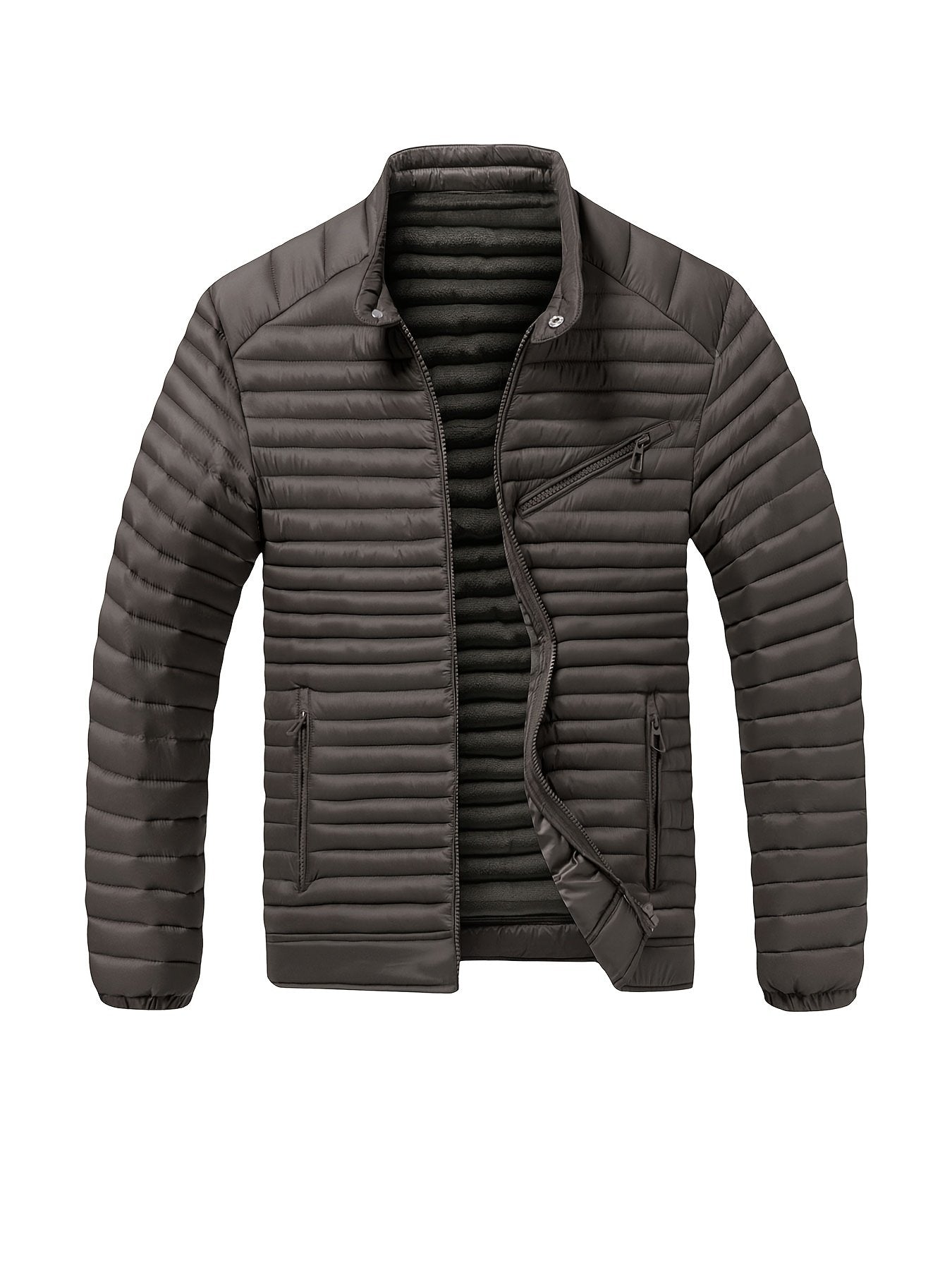 Collar and fastening detail of the men's padded biker jacket