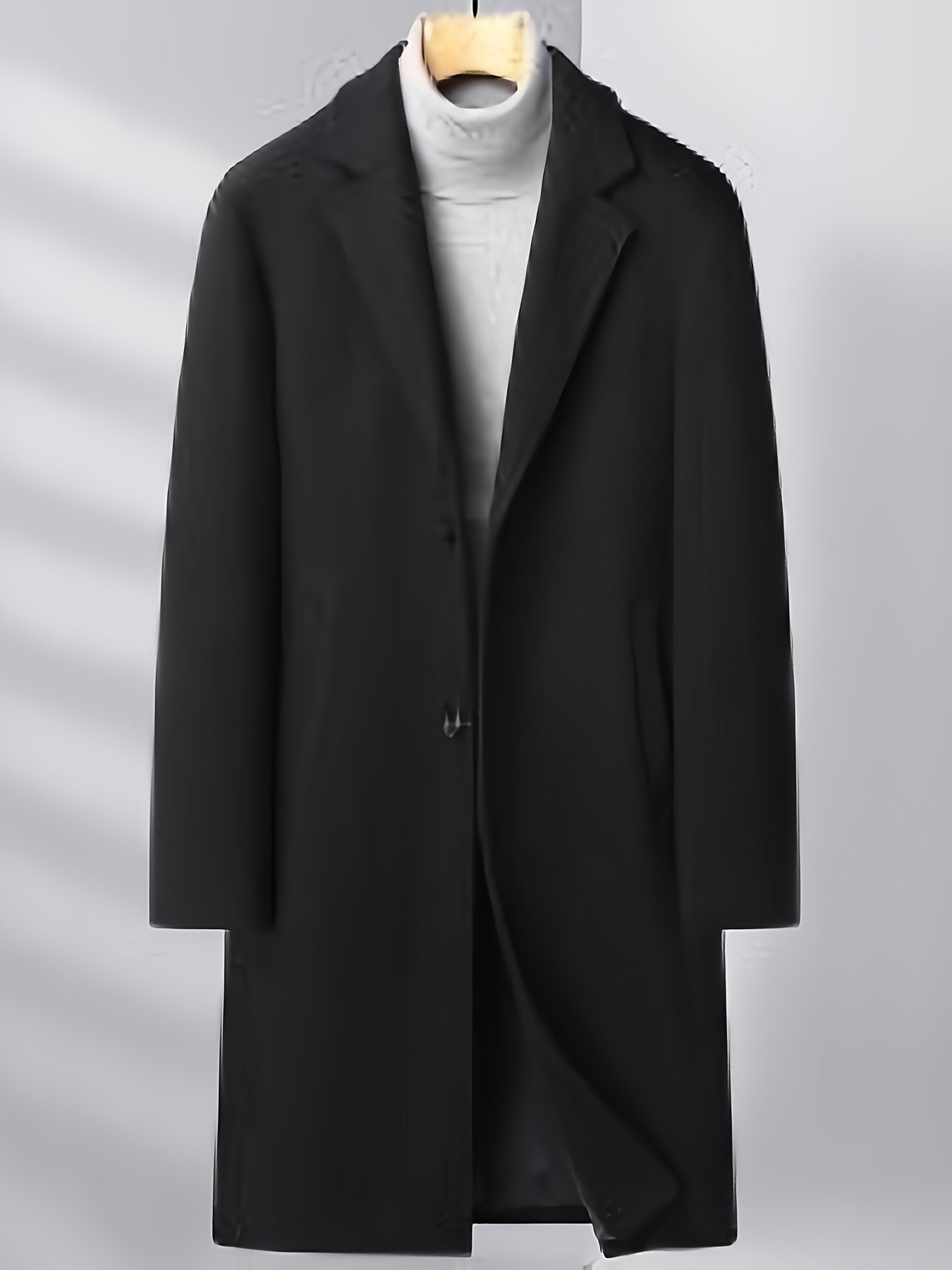Men's knee-length wool overcoat shown from the front for winter