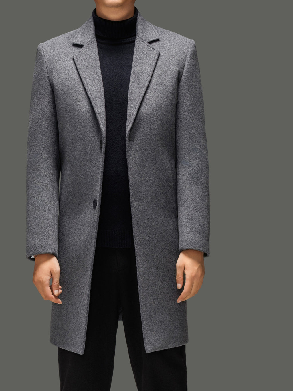 Side view of the men's knee-length wool overcoat showing the fit