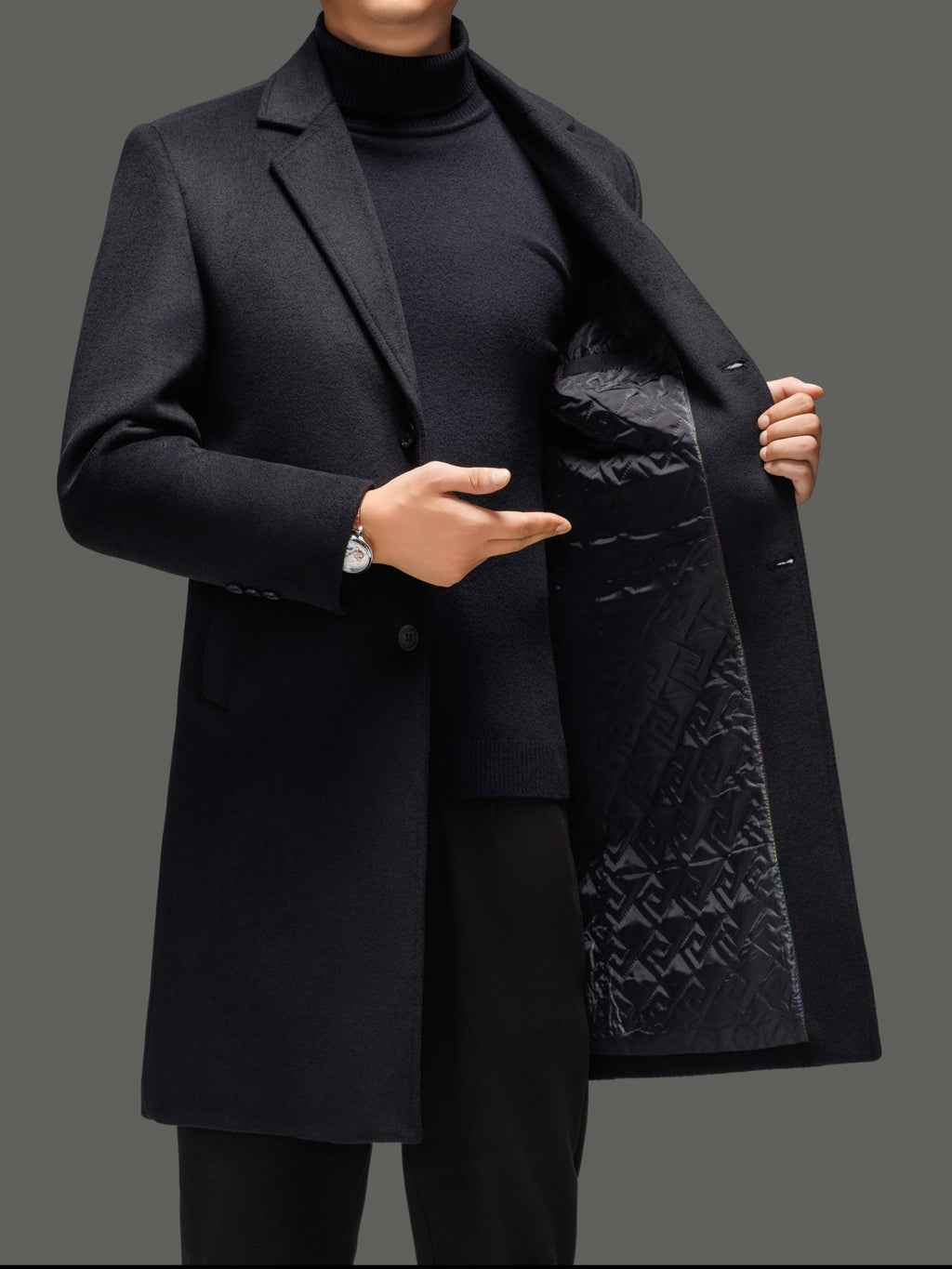 Men's knee-length wool overcoat styled with jeans for cold weather