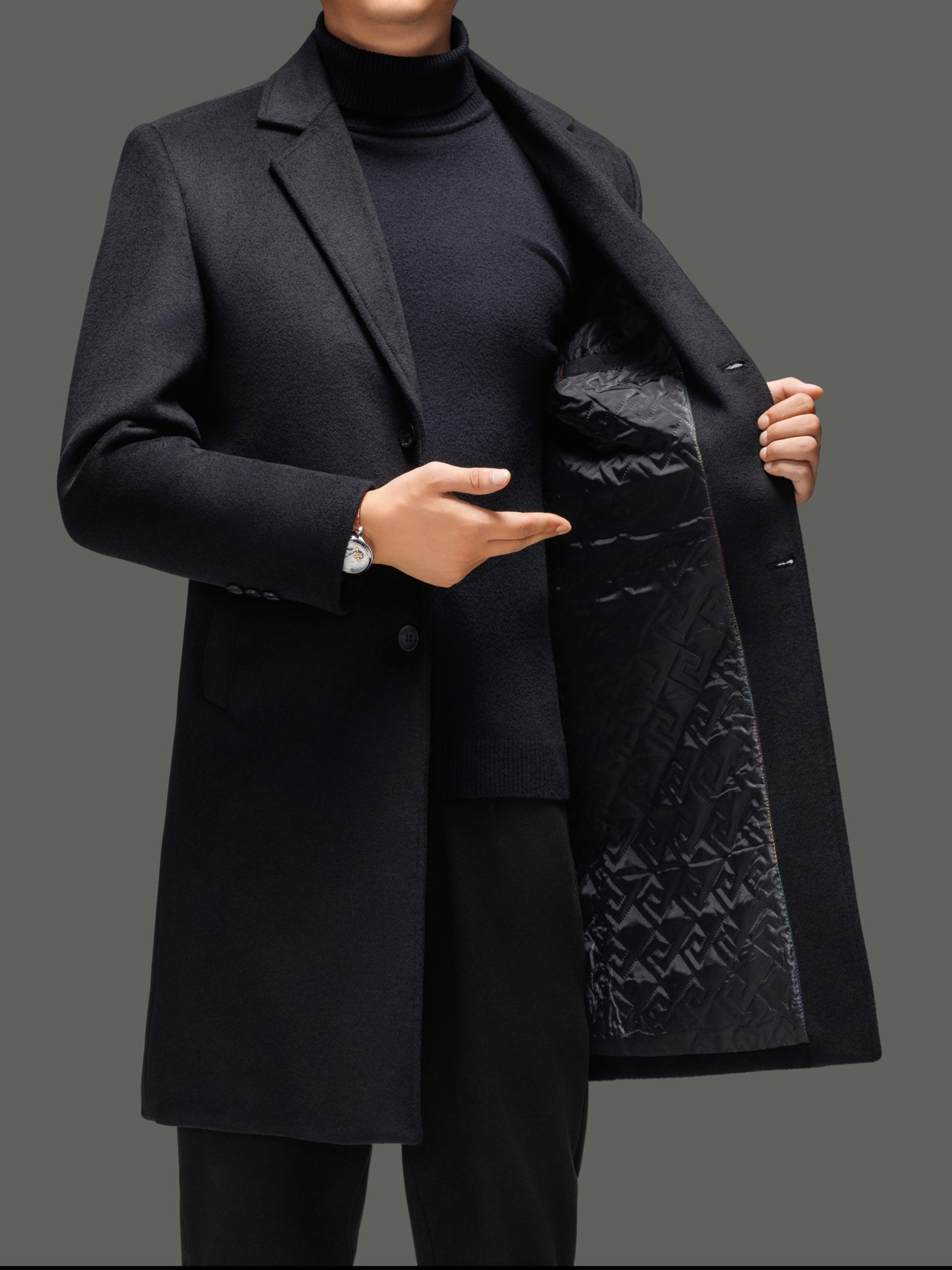Men's knee-length wool overcoat styled with jeans for cold weather