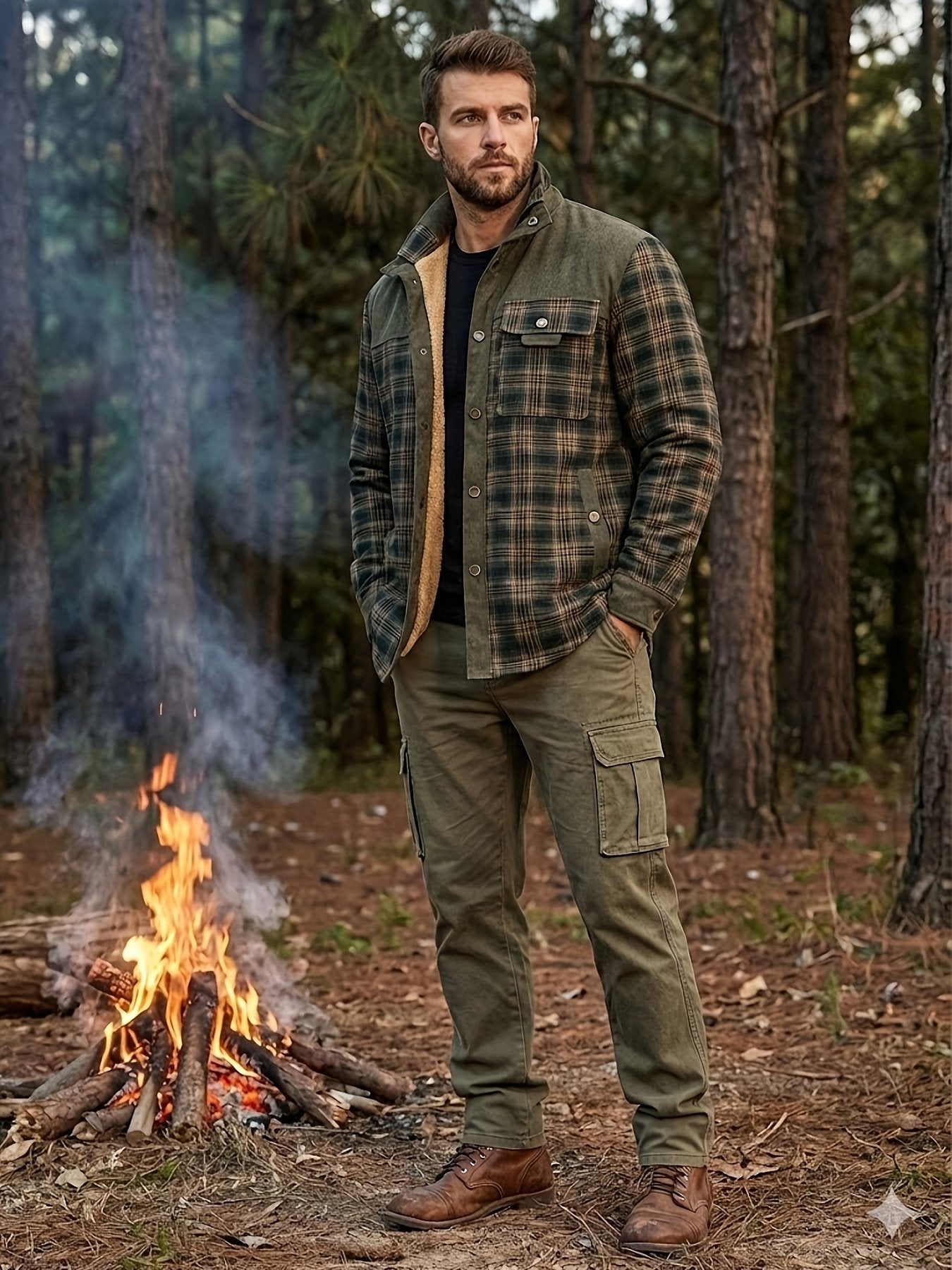 Men's fleece-lined plaid shirt jacket shacket with lapel collar, warm retro check coat - front view