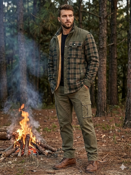 Men's fleece-lined plaid shirt jacket shacket with lapel collar, warm retro check coat - front view