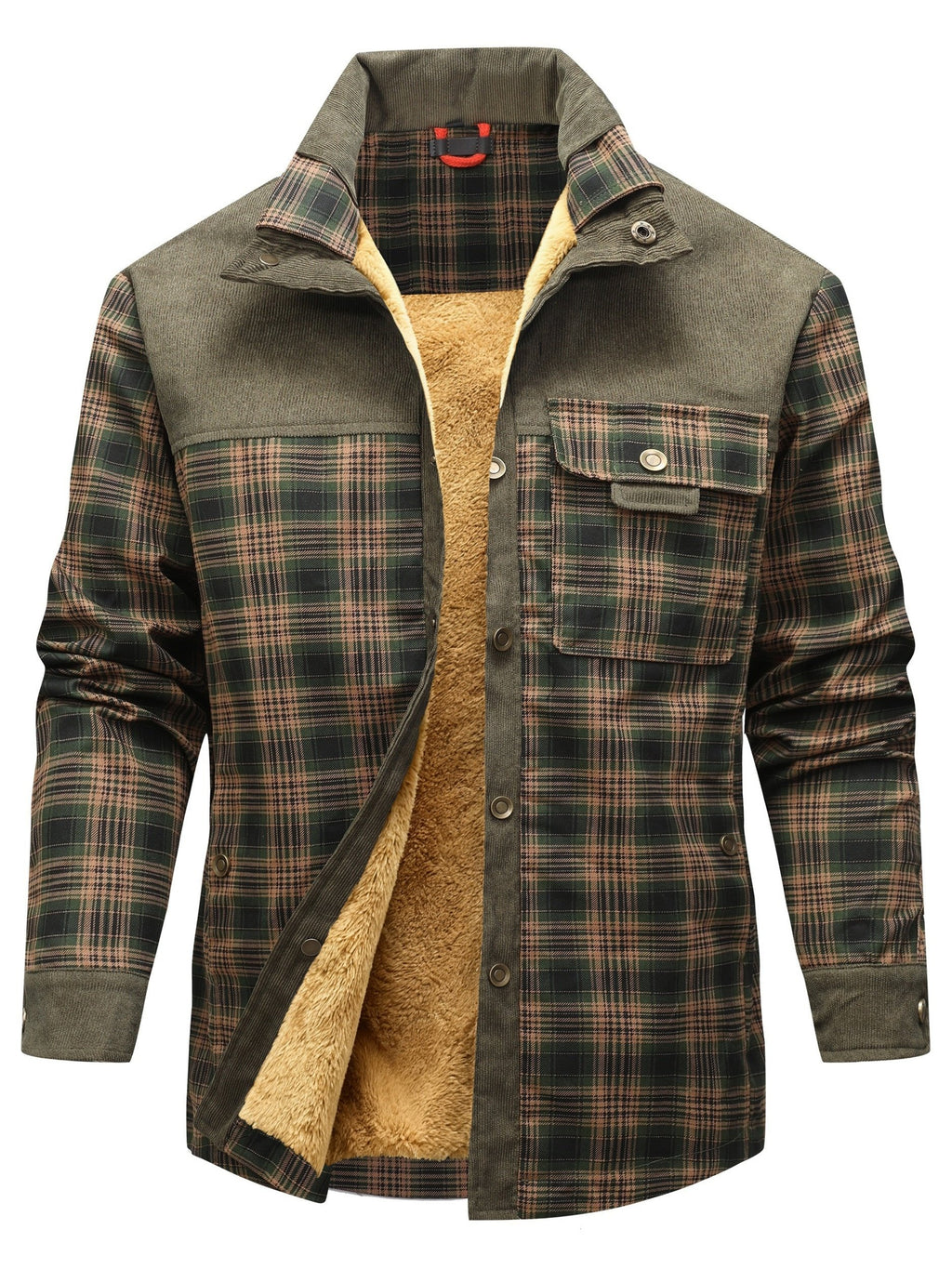 Lupo Delle Alpi men's retro plaid fleece-lined shacket, warm winter shirt jacket - side styling view
