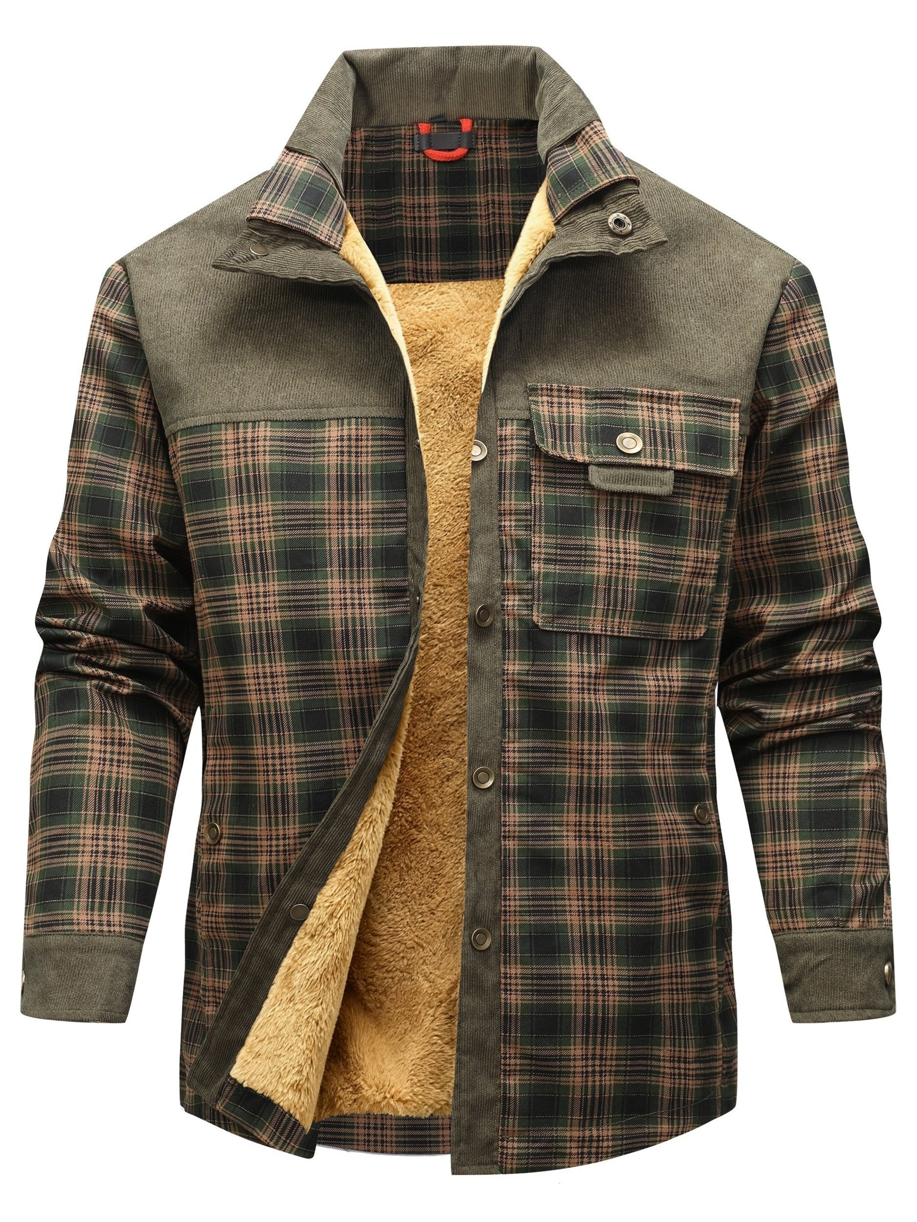 Lupo Delle Alpi men's retro plaid fleece-lined shacket, warm winter shirt jacket - side styling view