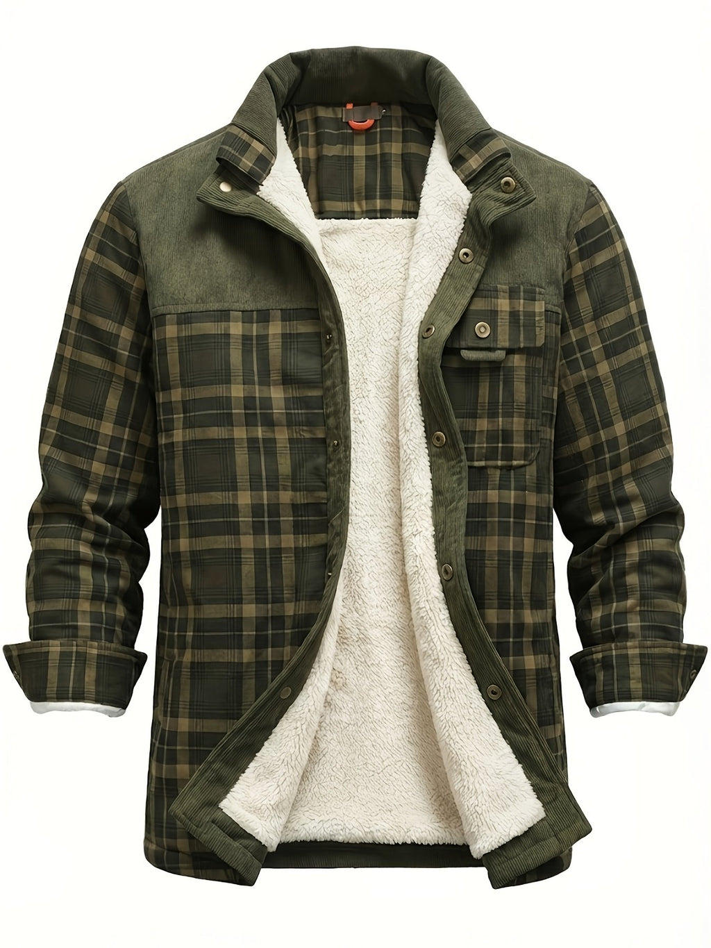 Men's check plaid fleece-lined shirt jacket with lapel collar, cosy autumn-winter shacket - back view