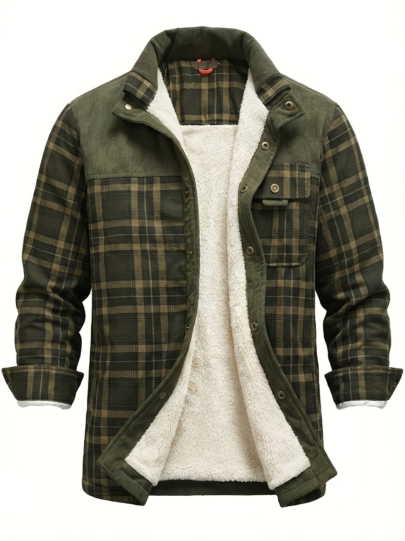 Men's check plaid fleece-lined shirt jacket with lapel collar, cosy autumn-winter shacket - back view