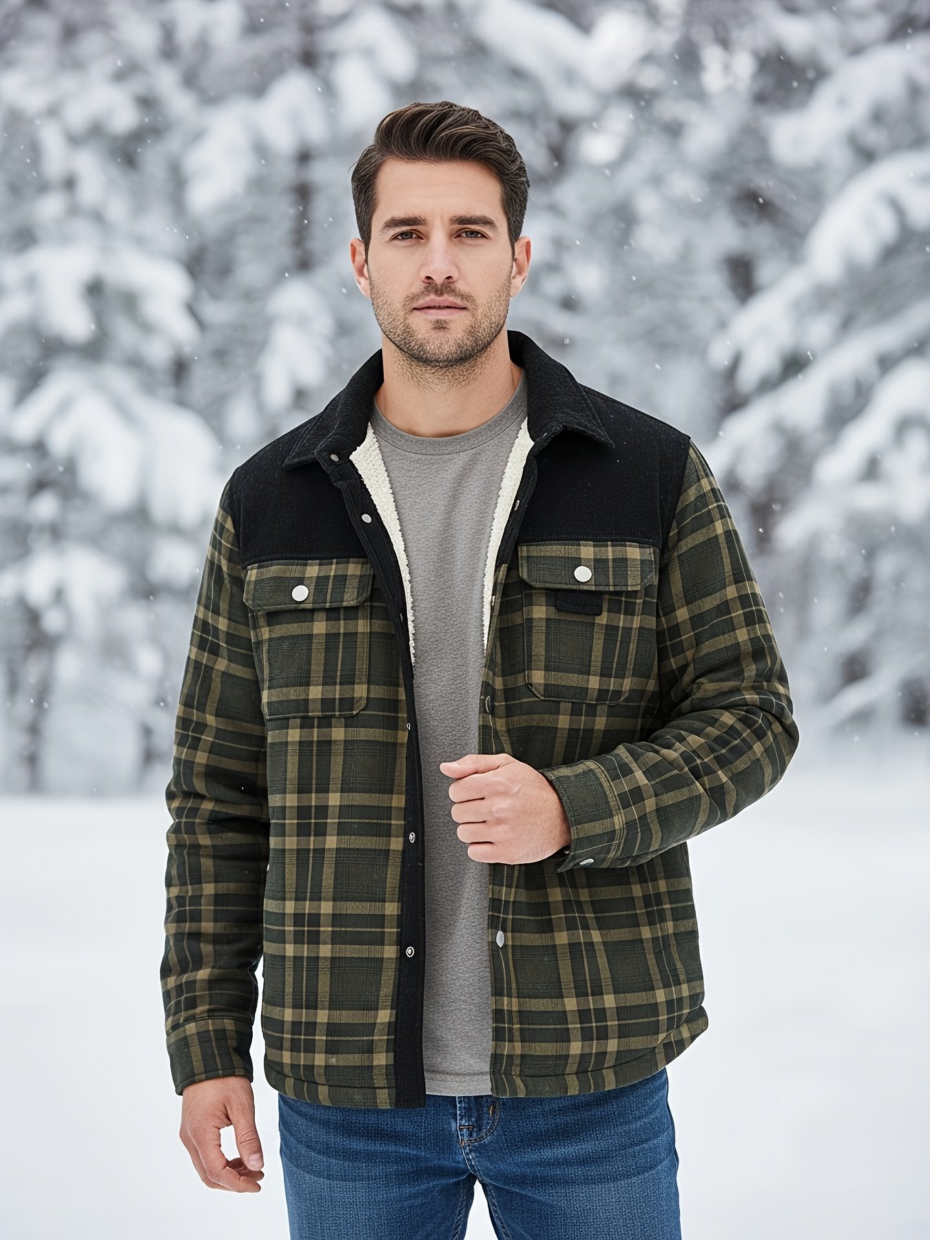 Fleece-lined men's plaid shacket with button front and soft warm lining - detail view