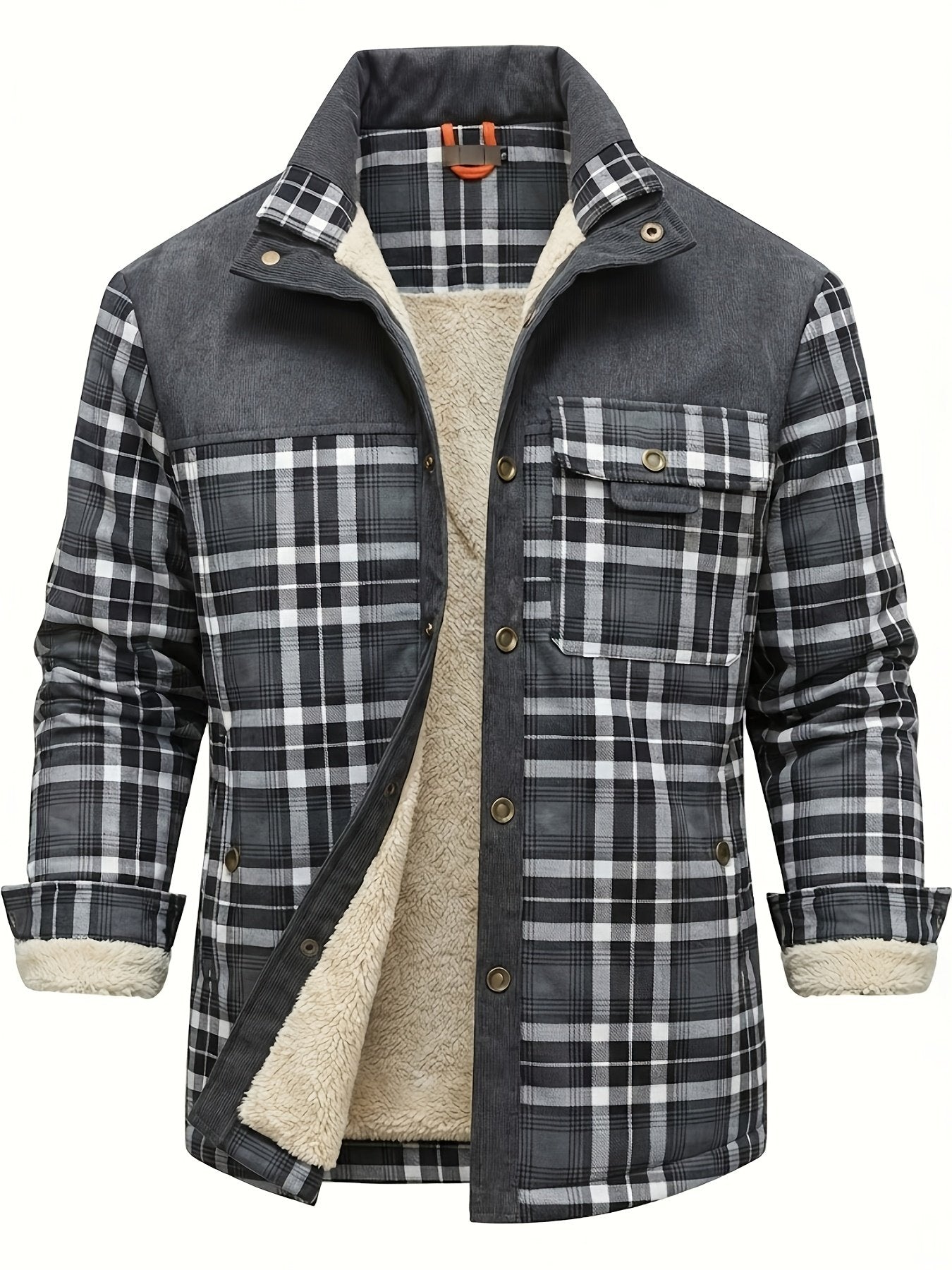 Men's warm retro plaid shirt jacket with fleece lining and lapel collar, winter shacket - close-up