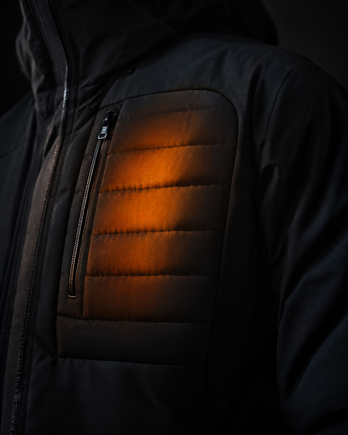 Close-up of a men's heated jacket chest panel with a soft warm glow from the heating zones - Lupo Delle Alpi