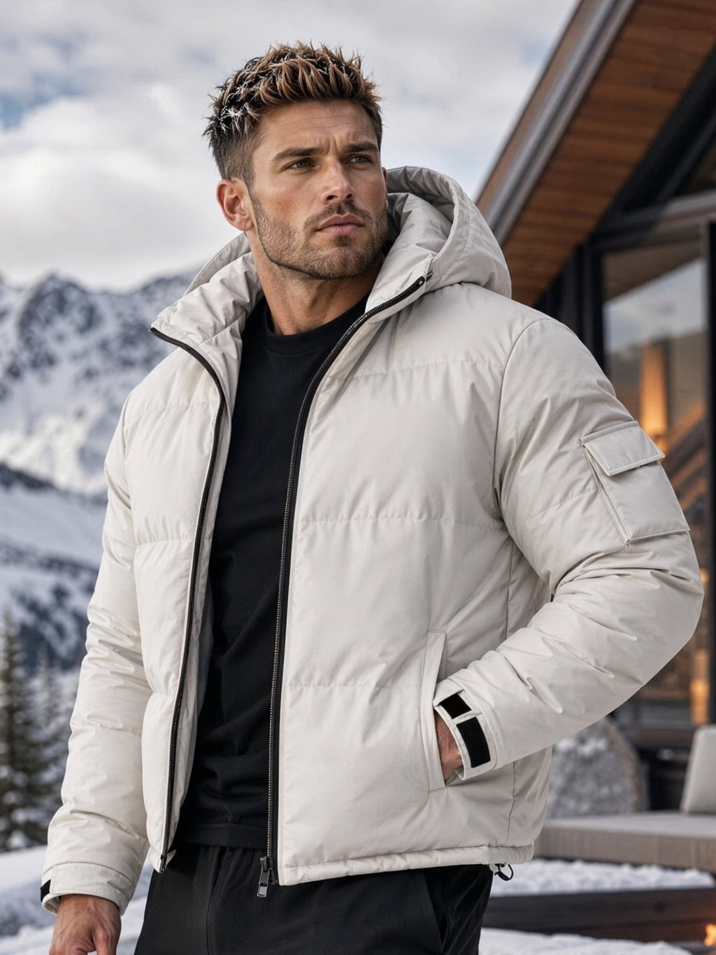 Men's short duck down jacket shown from the front for winter