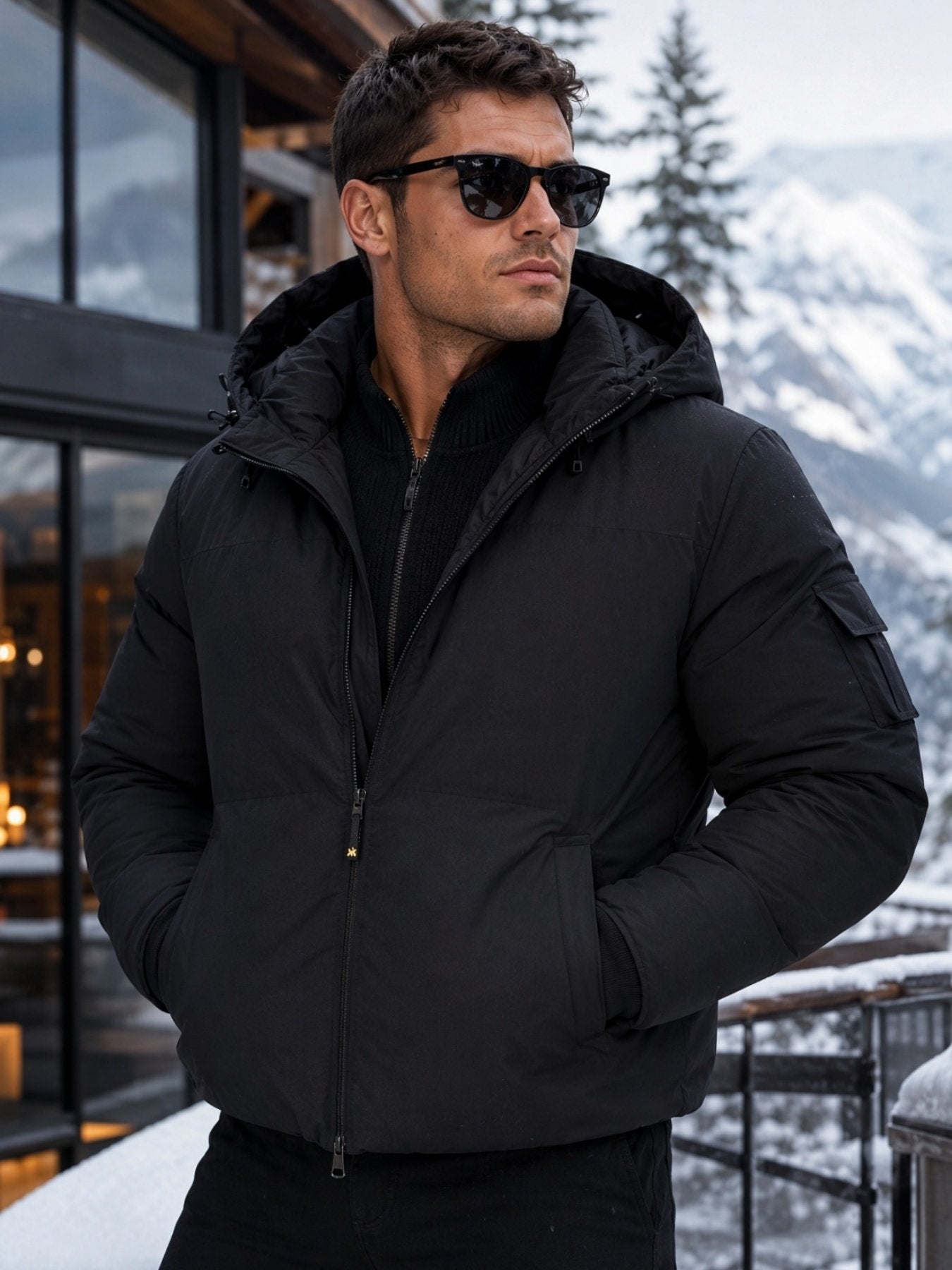 Side view of the men's short duck down jacket showing the fit