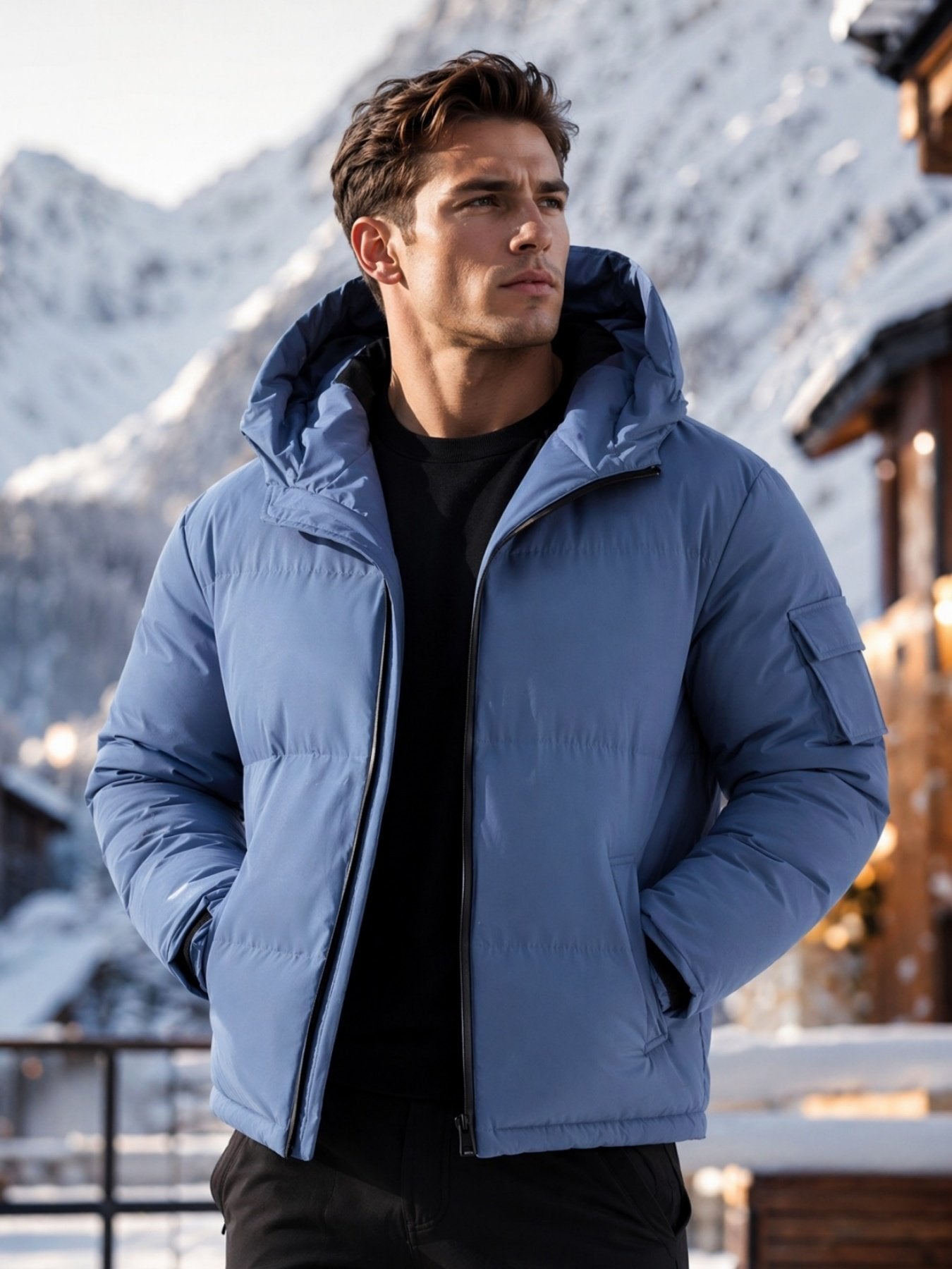 Close-up of the men's short duck down jacket fabric and stitching