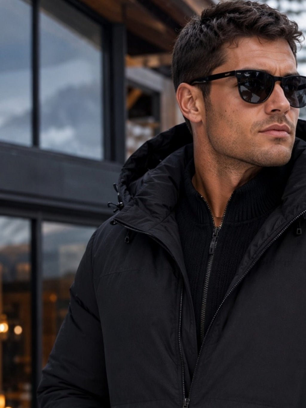 Collar and fastening detail of the men's short duck down jacket