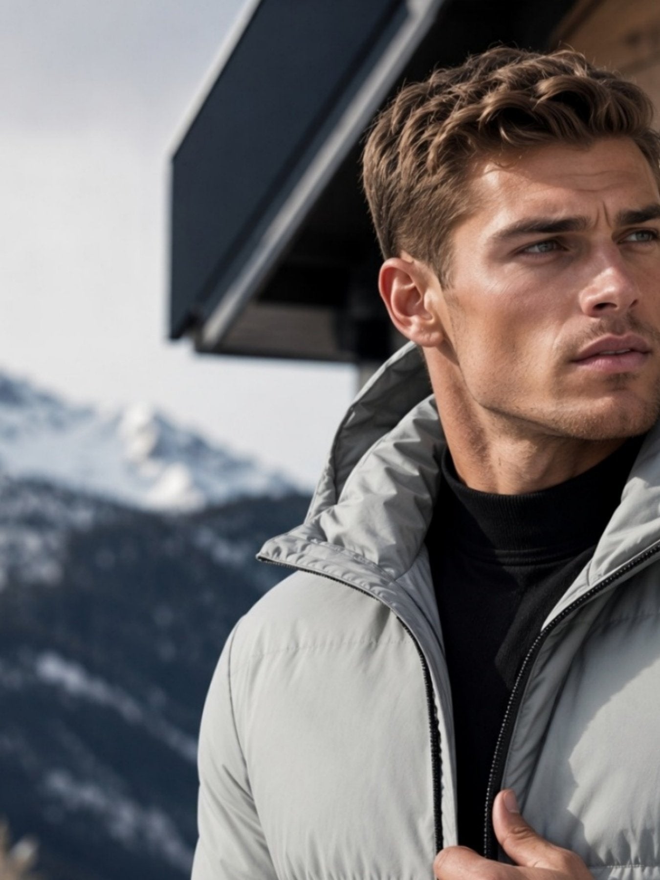 Men's short duck down jacket styled with jeans for cold weather