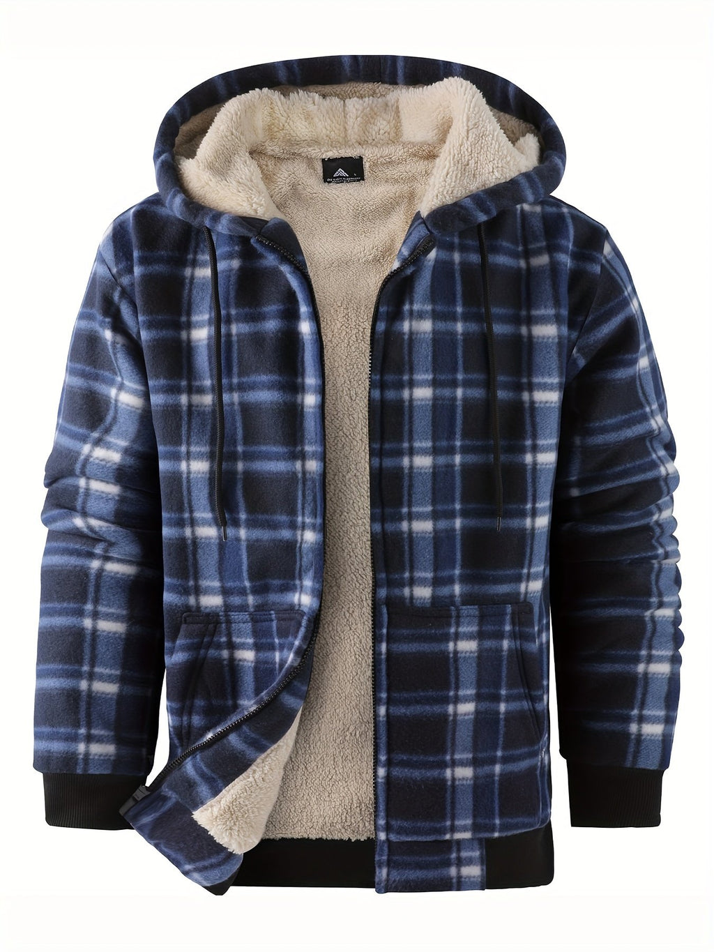 Close-up of thick sherpa fleece lining inside men's plaid flannel shirt jacket