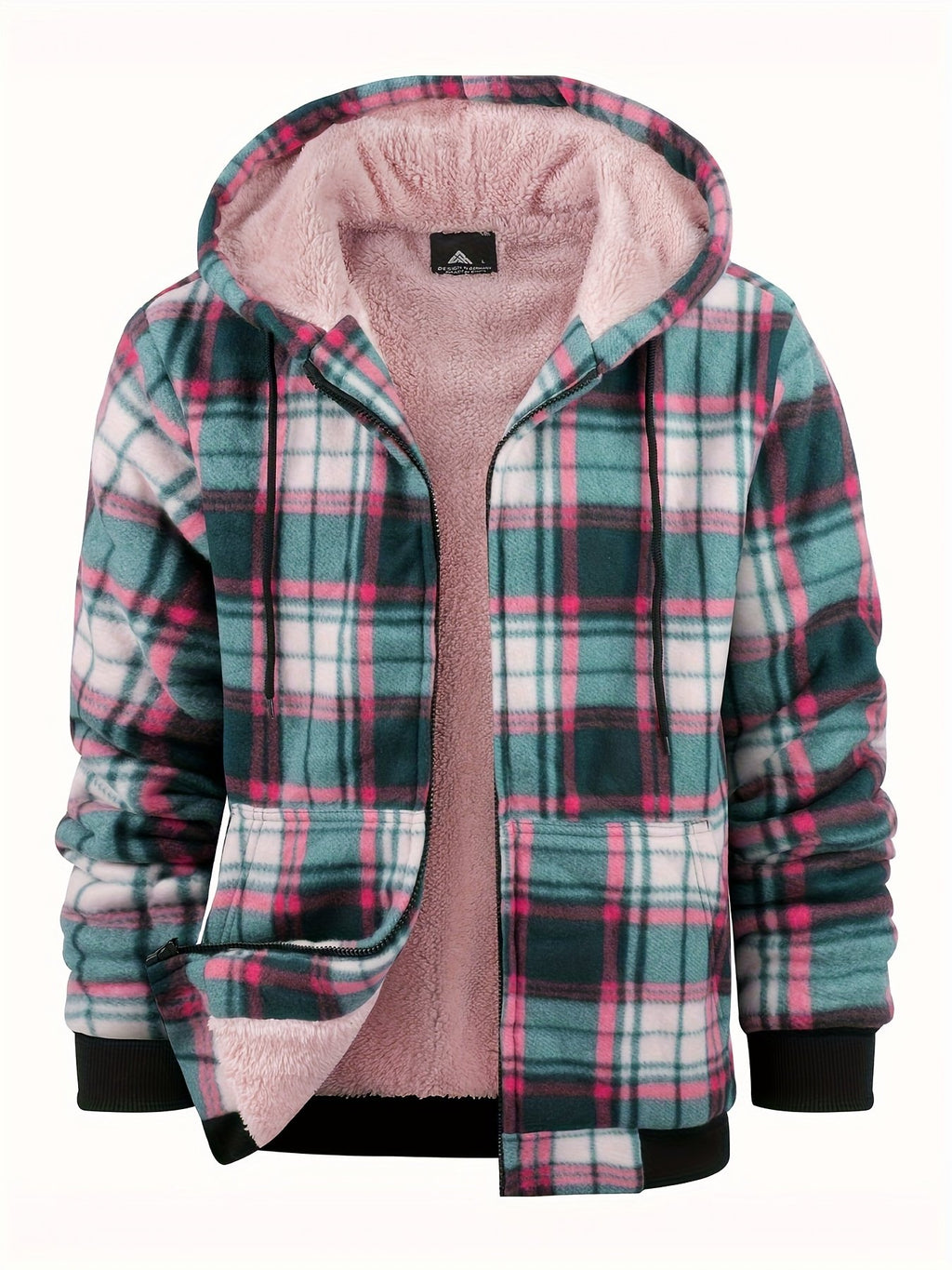 Side detail of hooded sherpa-lined flannel plaid jacket for men in cold weather