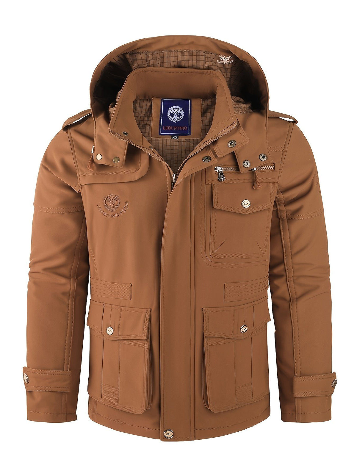 Back view of the men's softshell hooded jacket