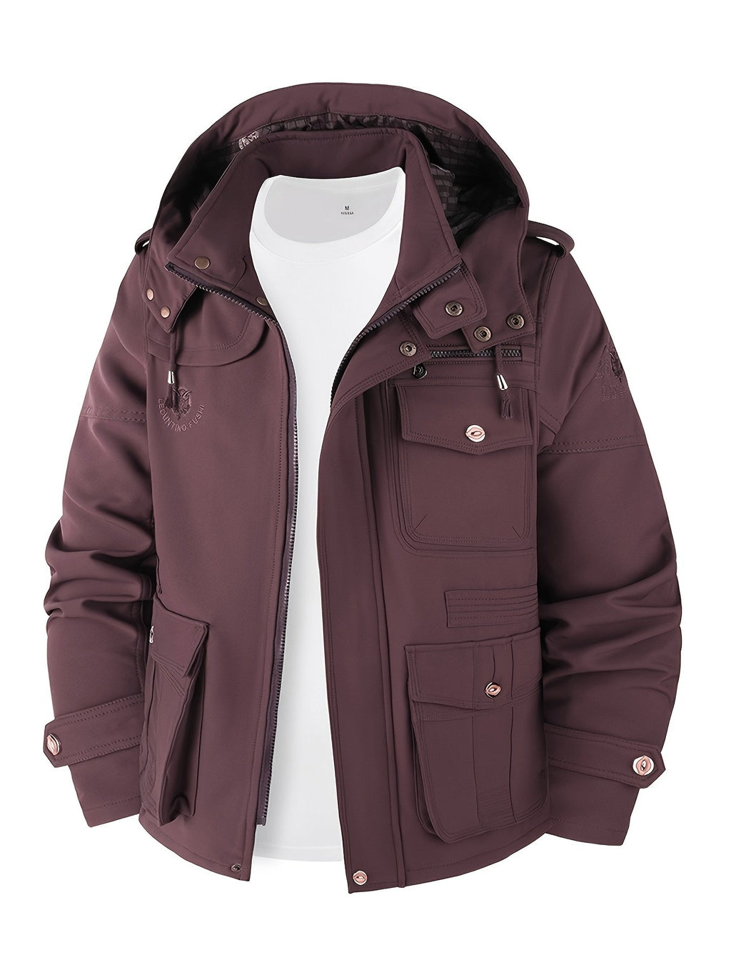 Close-up of the men's softshell hooded jacket fabric and stitching