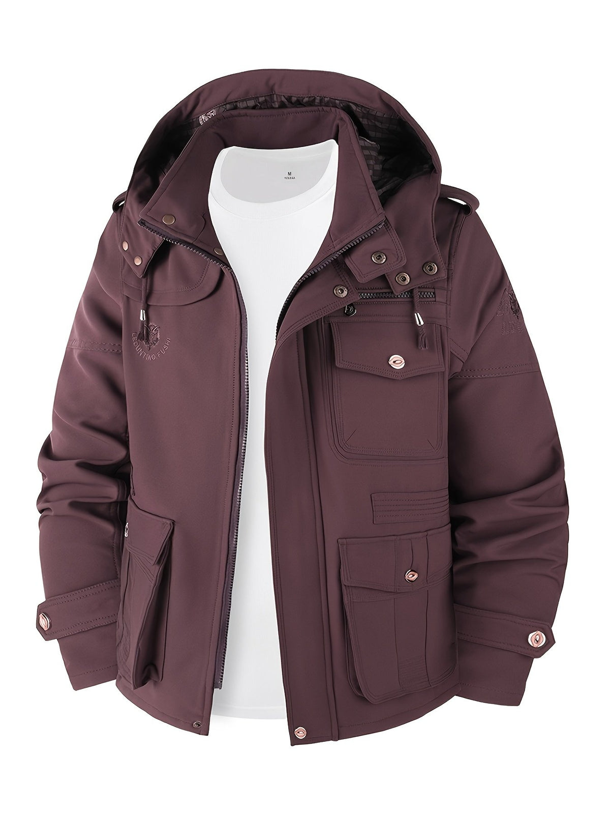 Close-up of the men's softshell hooded jacket fabric and stitching