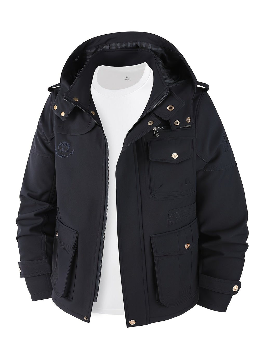 Collar and fastening detail of the men's softshell hooded jacket