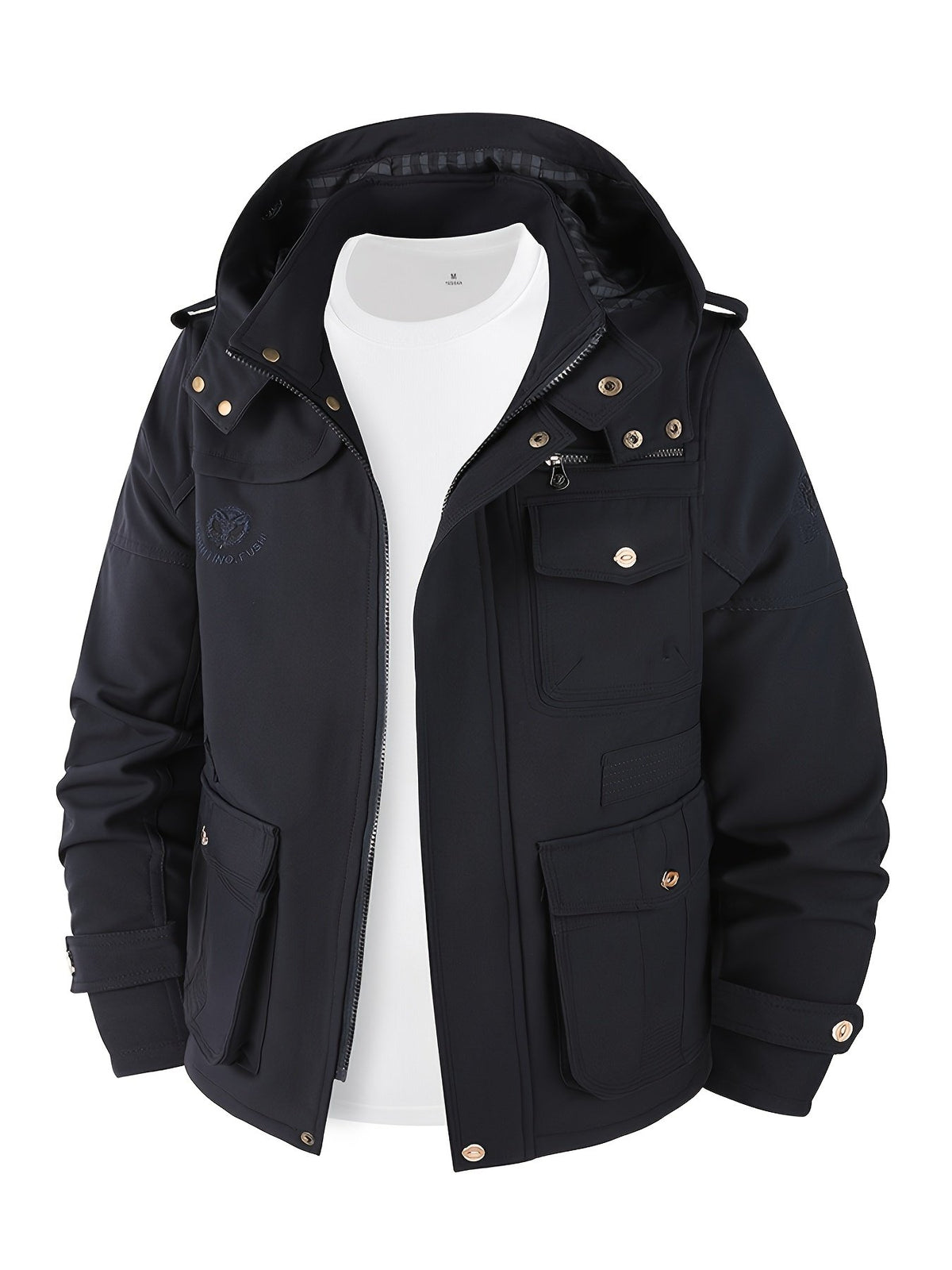 Collar and fastening detail of the men's softshell hooded jacket