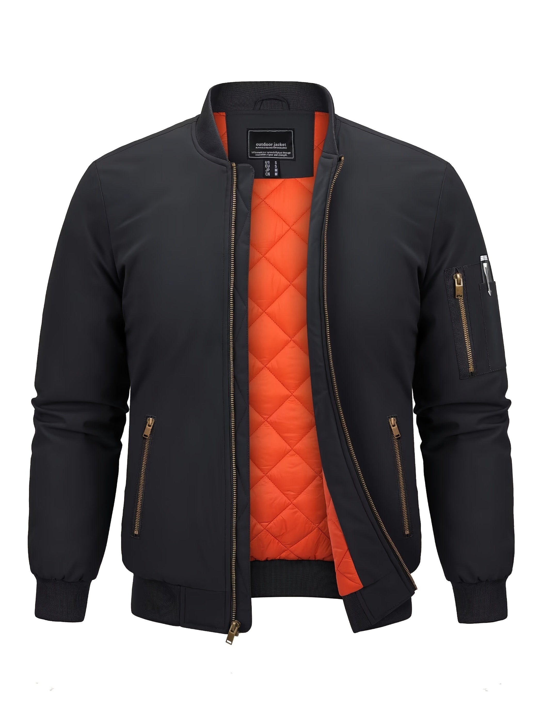 Men's padded bomber jacket with baseball collar and zip pockets, thermal winter coat - front view