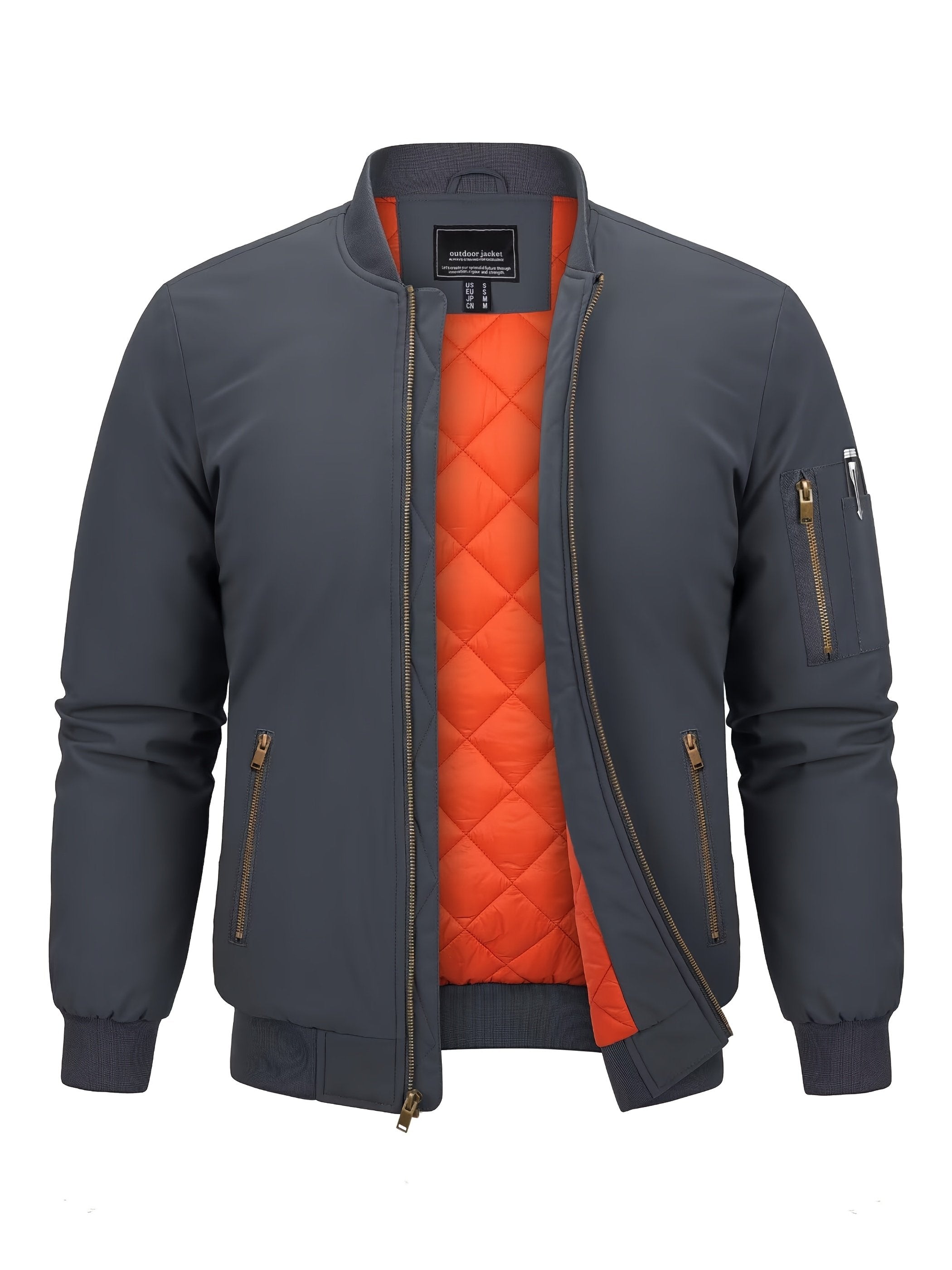 Padded men's bomber jacket with full-zip front and warm thermal fill - detail view