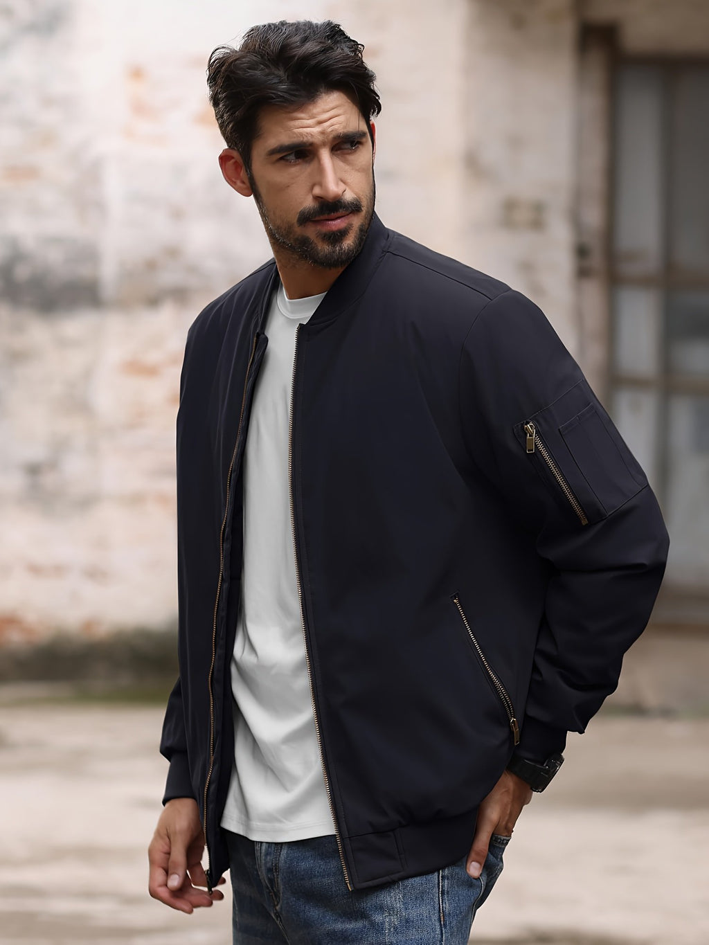 Men's warm bomber jacket with ribbed baseball collar and zipper pockets, winter coat - close-up
