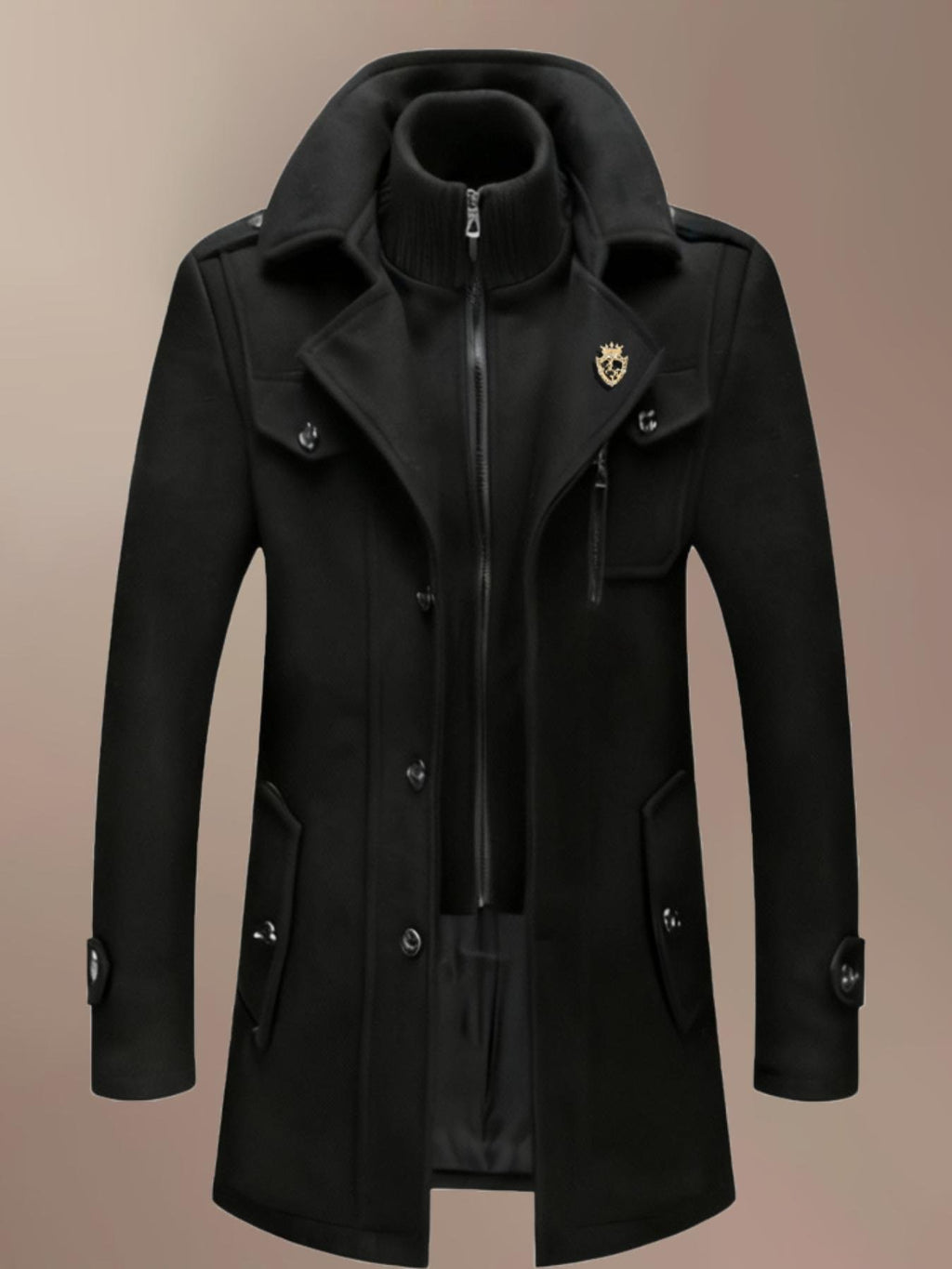 Collar and fastening detail of the men's wool blend business coat