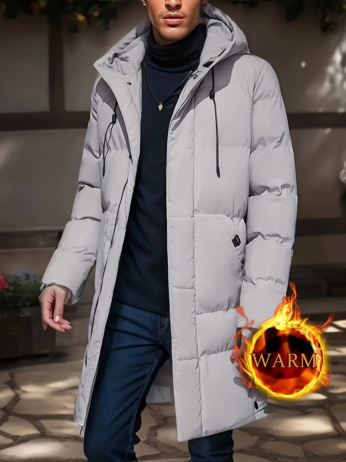 Men's hooded zip winter jacket shown from the front for winter