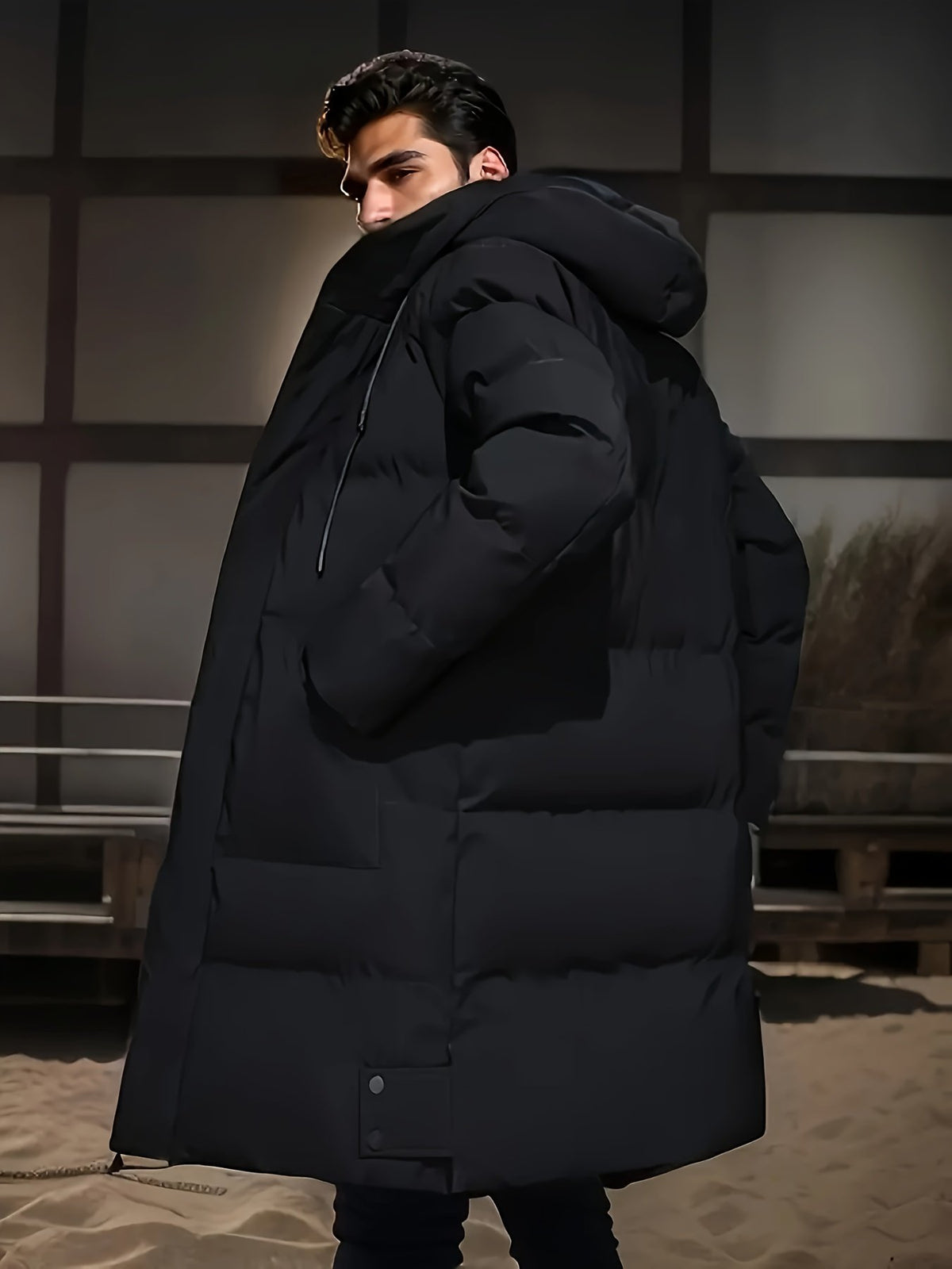 Collar and fastening detail of the men's hooded zip winter jacket