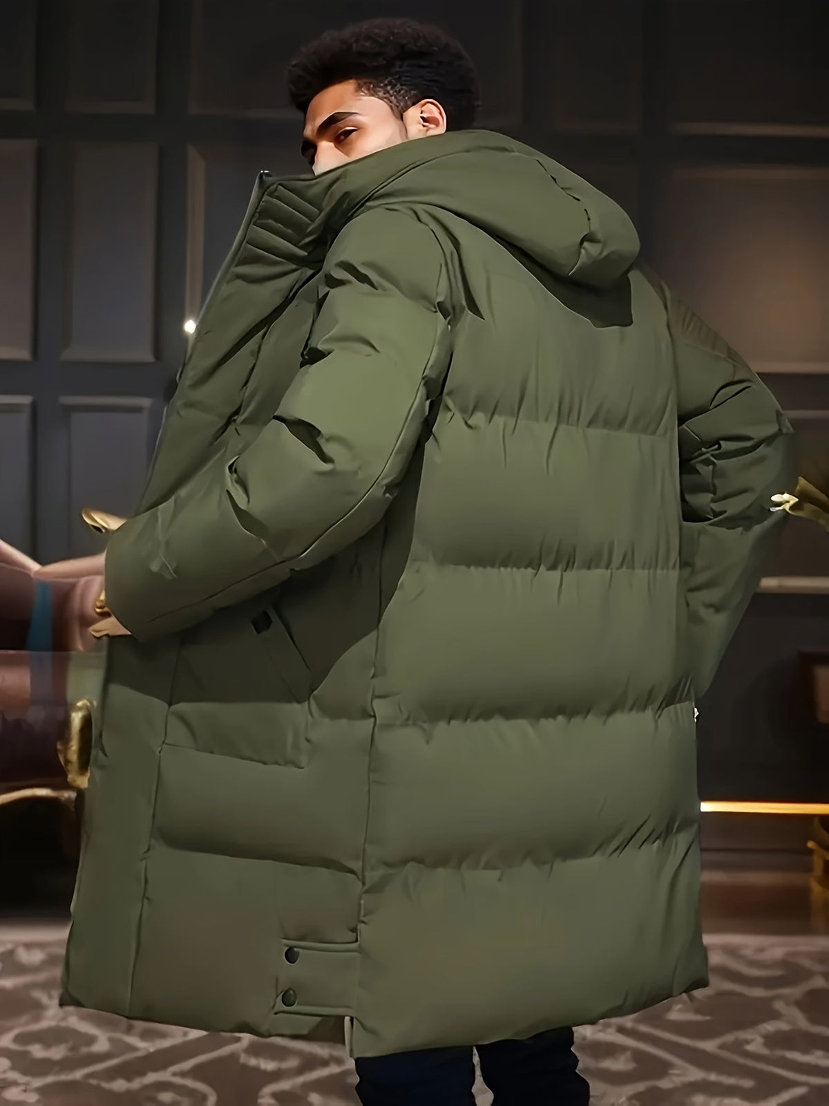 Men's hooded zip winter jacket styled with jeans for cold weather