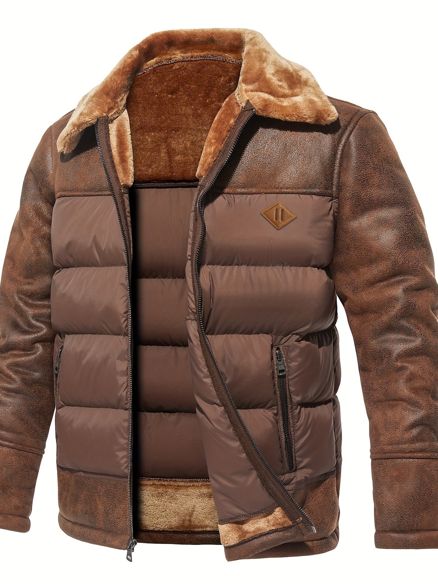 Close-up of the men's faux fur collar jacket fabric and stitching