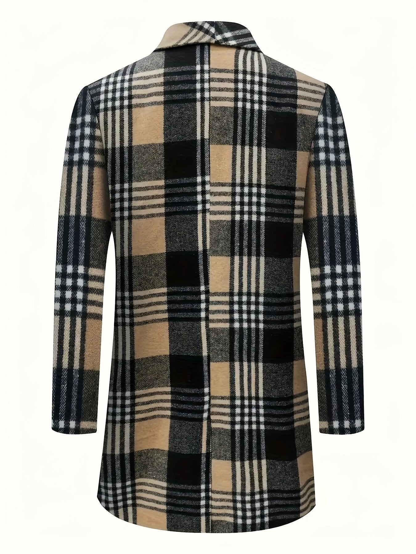 Side view of the men's check trench coat showing the fit