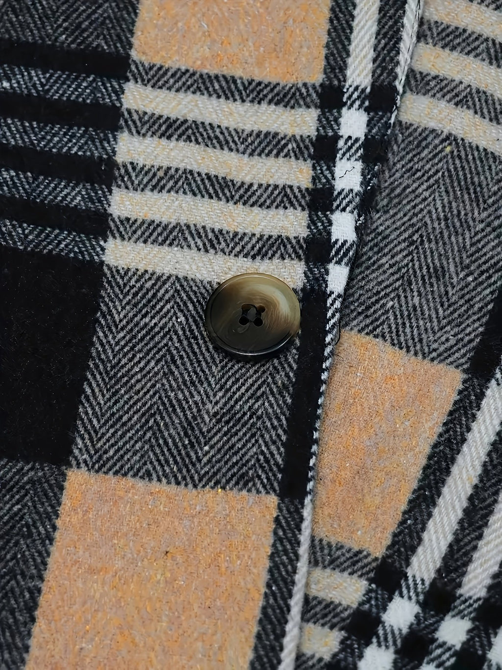 Close-up of the men's check trench coat fabric and stitching