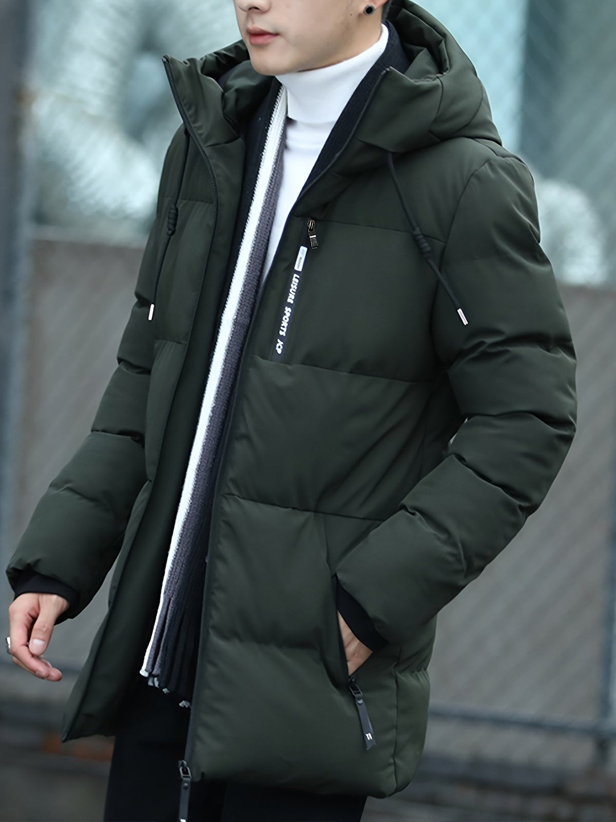 Men's mid-length padded parka shown from the front for winter