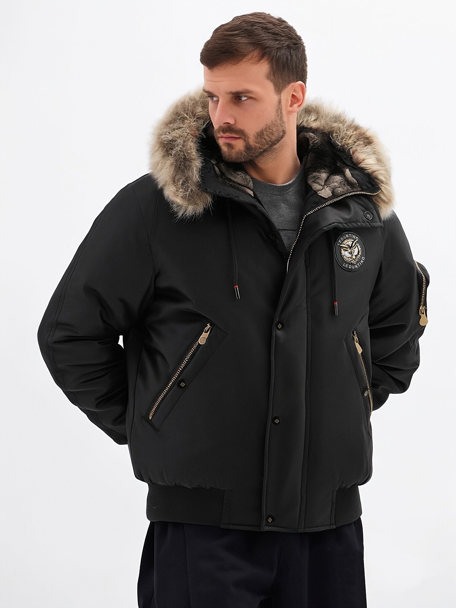 Side view of the men's faux fur hood jacket showing the fit