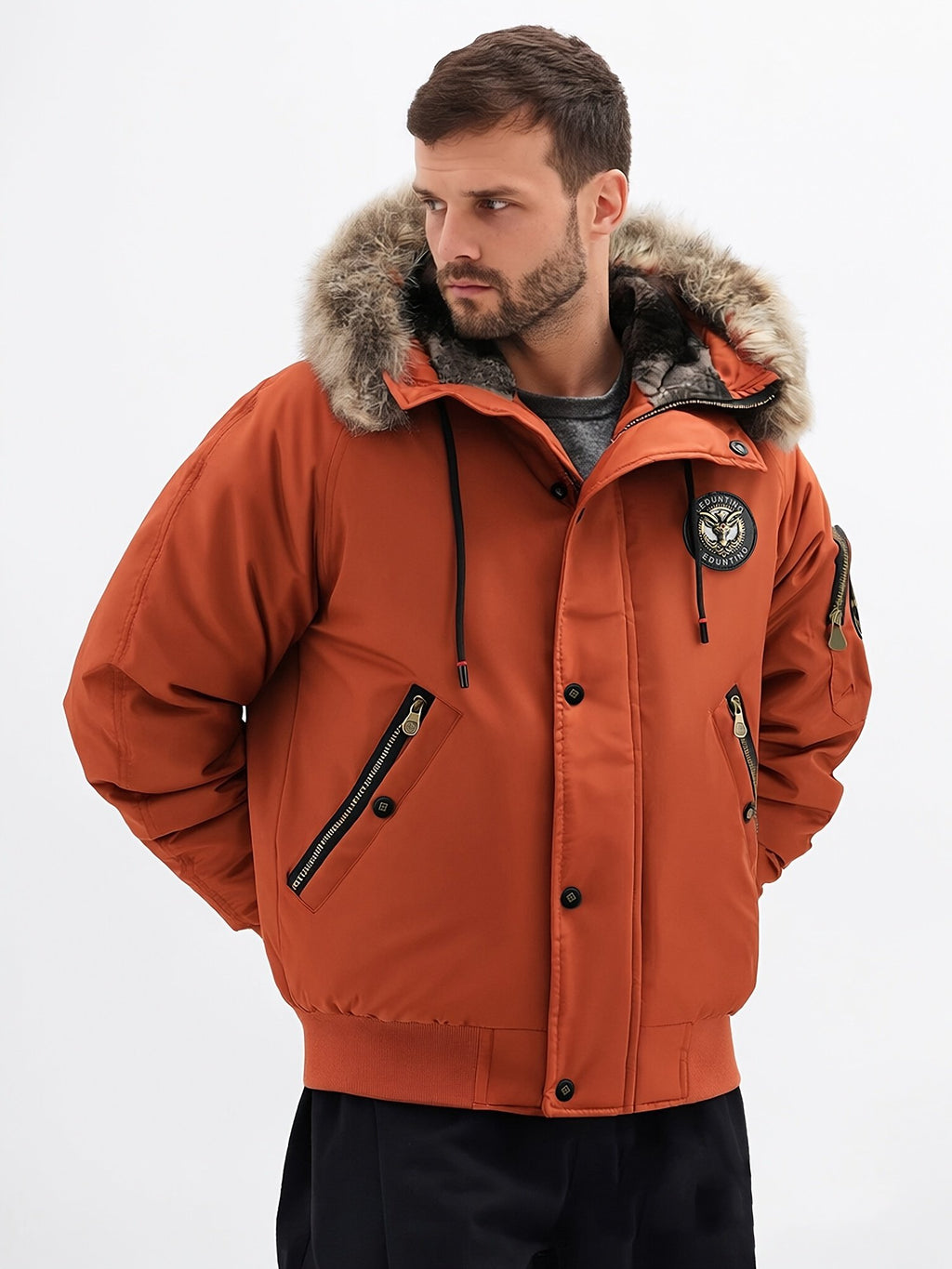 Close-up of the men's faux fur hood jacket fabric and stitching