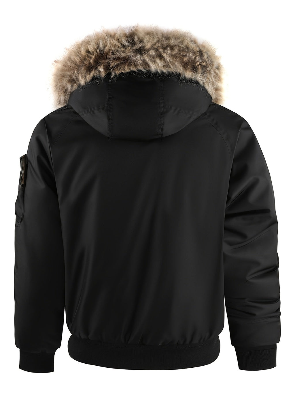 Collar and fastening detail of the men's faux fur hood jacket